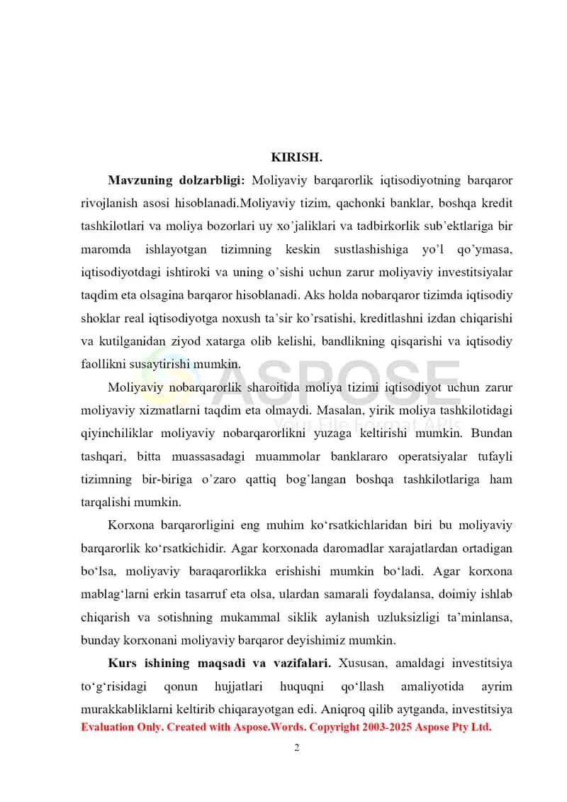 MOLIYAVIY NATIJALAR VA MOLIYAVIY BARQARORLIKNI IFODALOVCHI KO'RSATKICHLAR TAHLILI 2