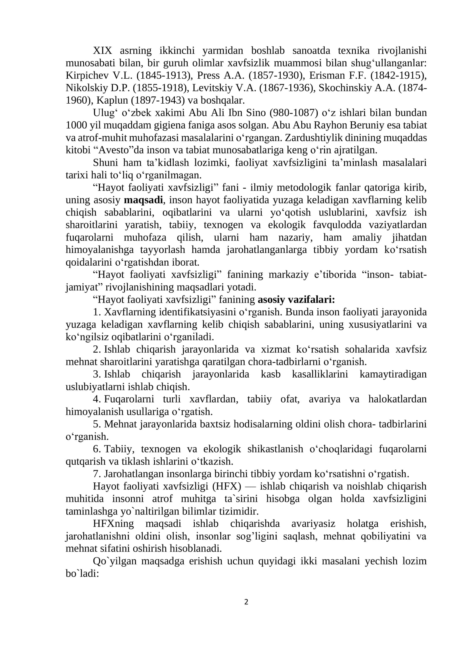 Hayot faoliyati xavfsizligi faniga kirish 2
