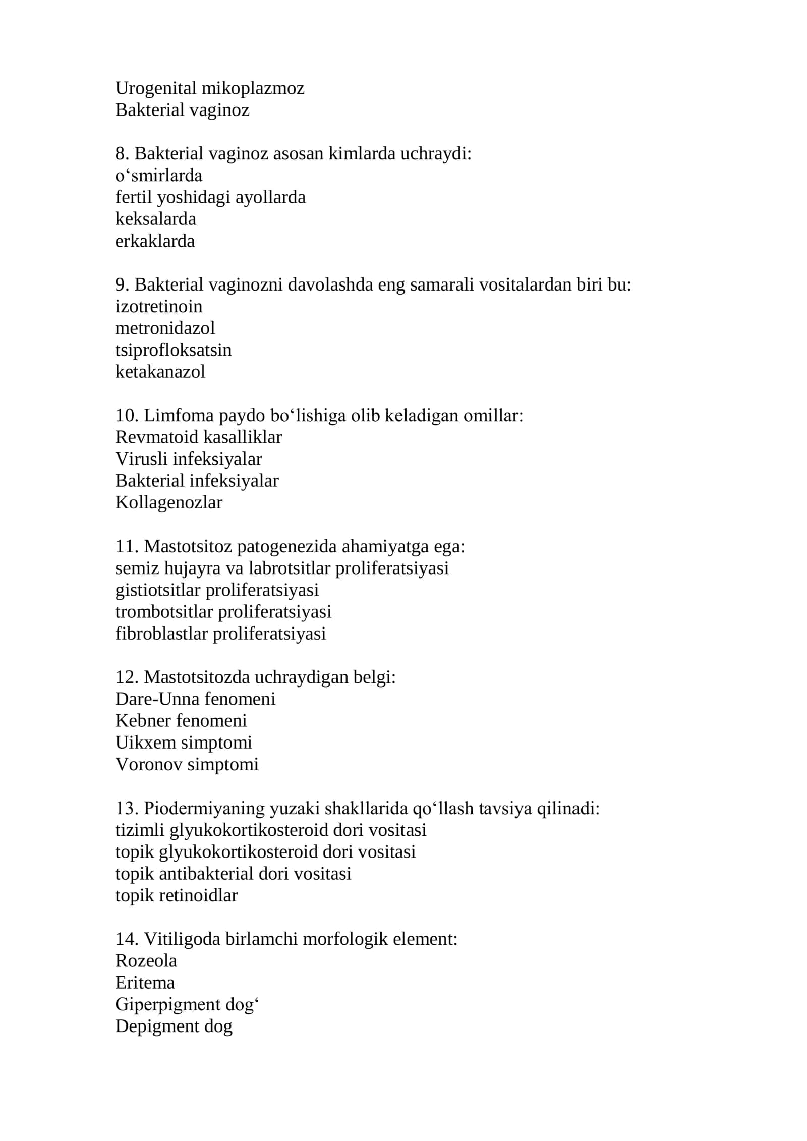 Dermatovenerologiya mutaxasisligi test savollari 2