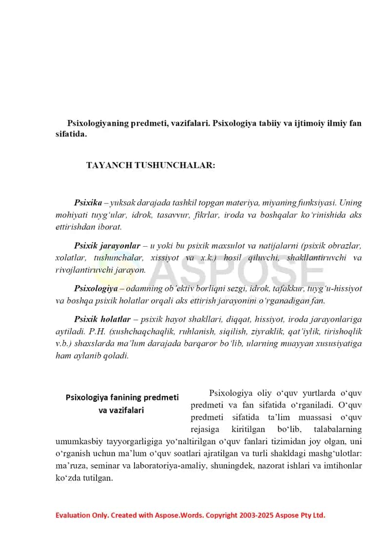 Psixologiyaning fan sifatidagi umumiy tasnifi, predmeti, tarixi va asosiy sohalari 2