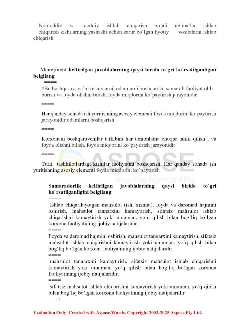 Mamlakat iqtisodiyotining sohalari va asosiy tushunchalari bo‘yicha test savollari 2