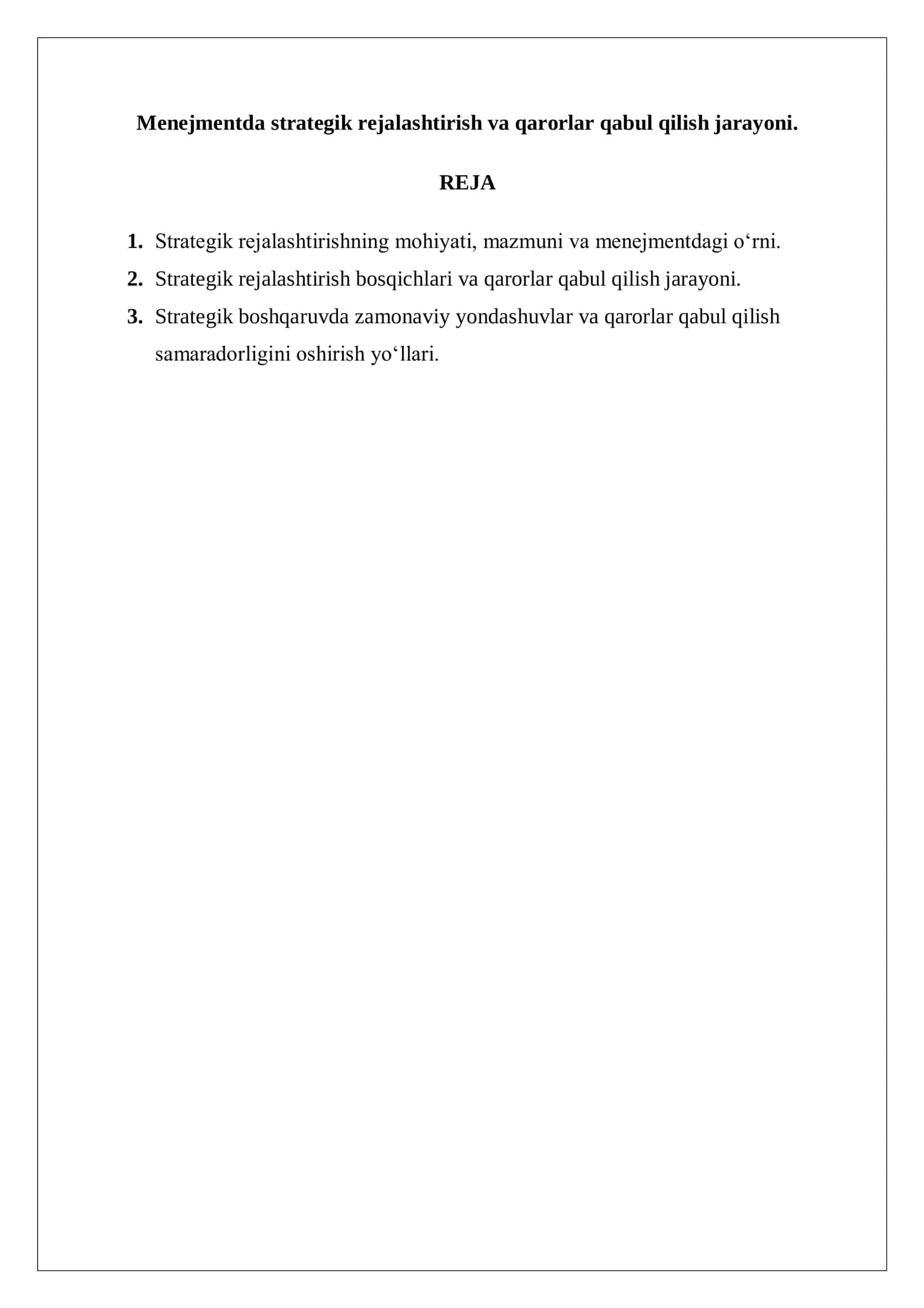 Menejmentda strategik rejalashtirish va qarorlar qabul qilish jarayoni. 2