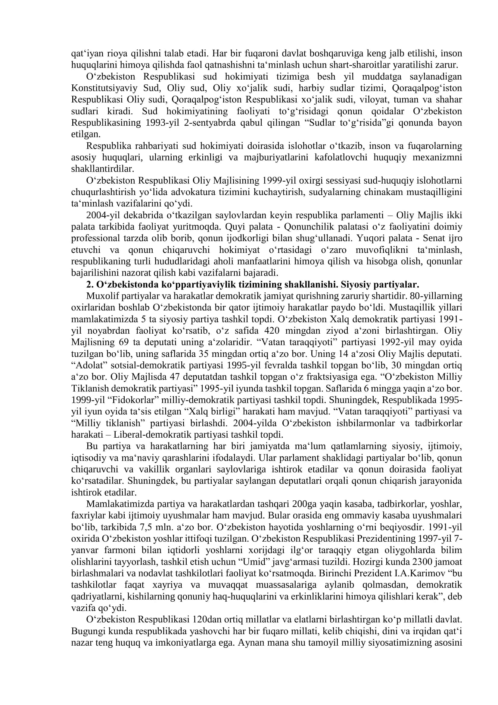 Oʻzbekistonda demokratik, fuqarolik jamiyati asoslarining shakllanishi, amalga oshirilgan siyosiy islohotlar 2