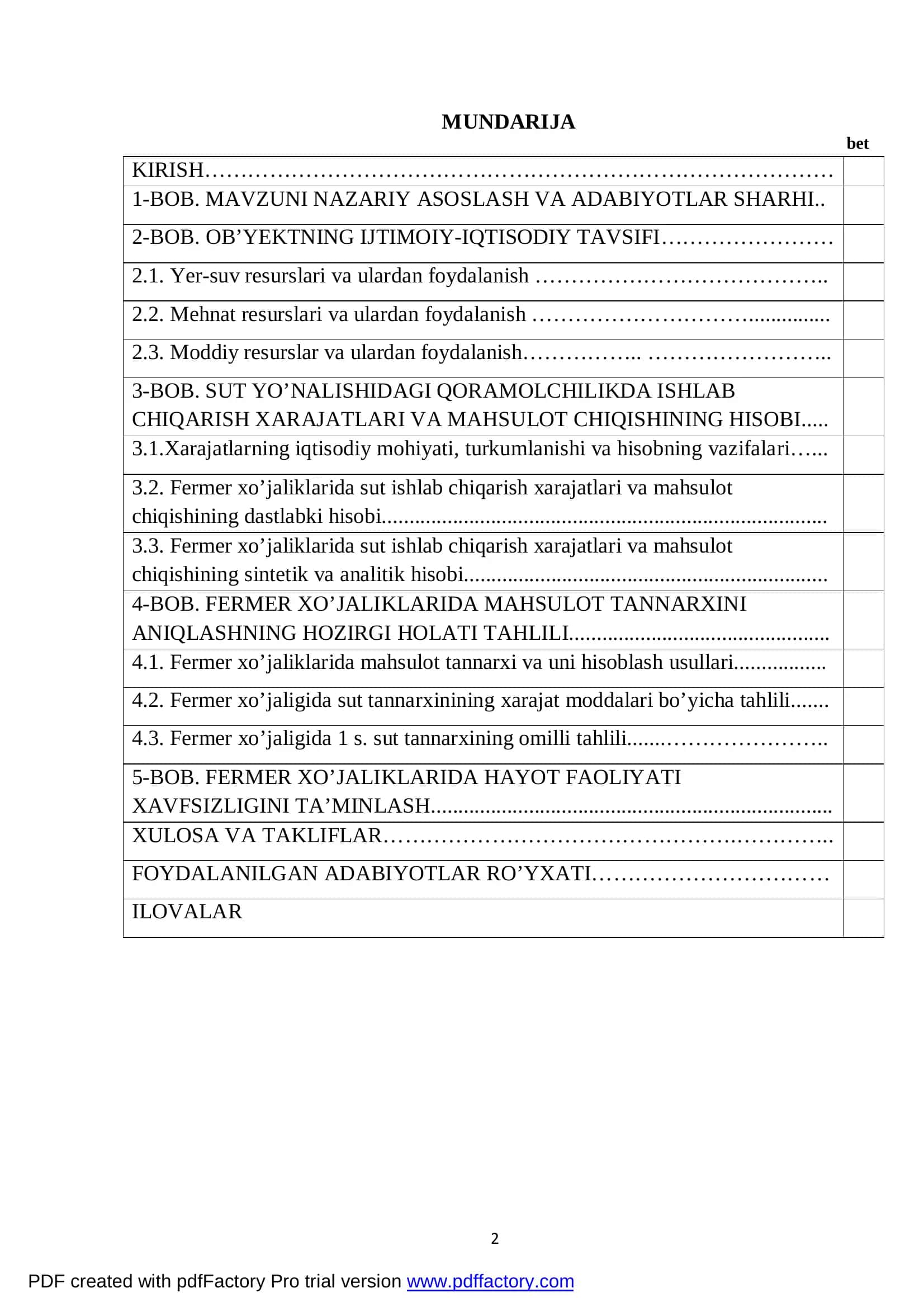 Sut yo’nalishidagi qoramolchilikda ishlab chiqarish xarajatlari hisobi va tahlili 2