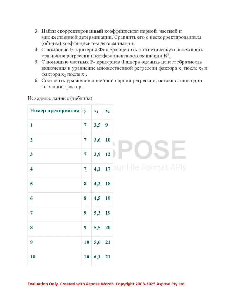 Множественный регрессионный анализ (МНК) с оформлением отчёта в Word и шаблоном в Excel 2