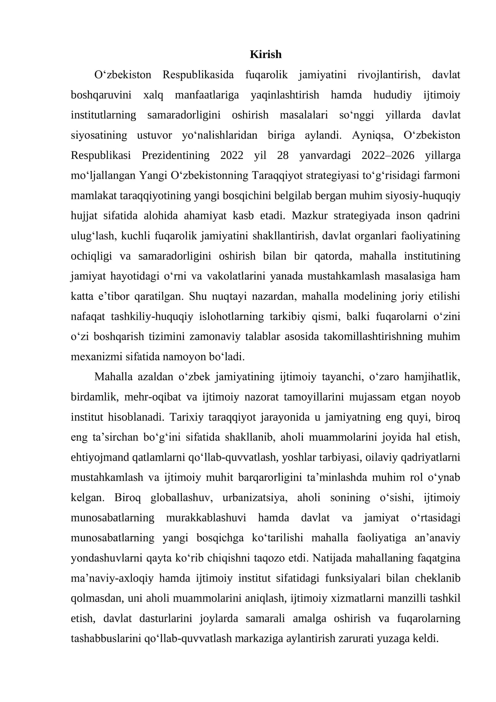 OʻZBEKISTON RESPUBLIKASI PREZIDENTINING 28.01.2022 YILDAGI 2022-2026 YILLARGA MOʻLJALLANGAN YANGI OʻZBEKISTONNING TARAQQIYOT STRATEGIYASIDA MAHALLA MODELINING JORIY ETILISHI 2