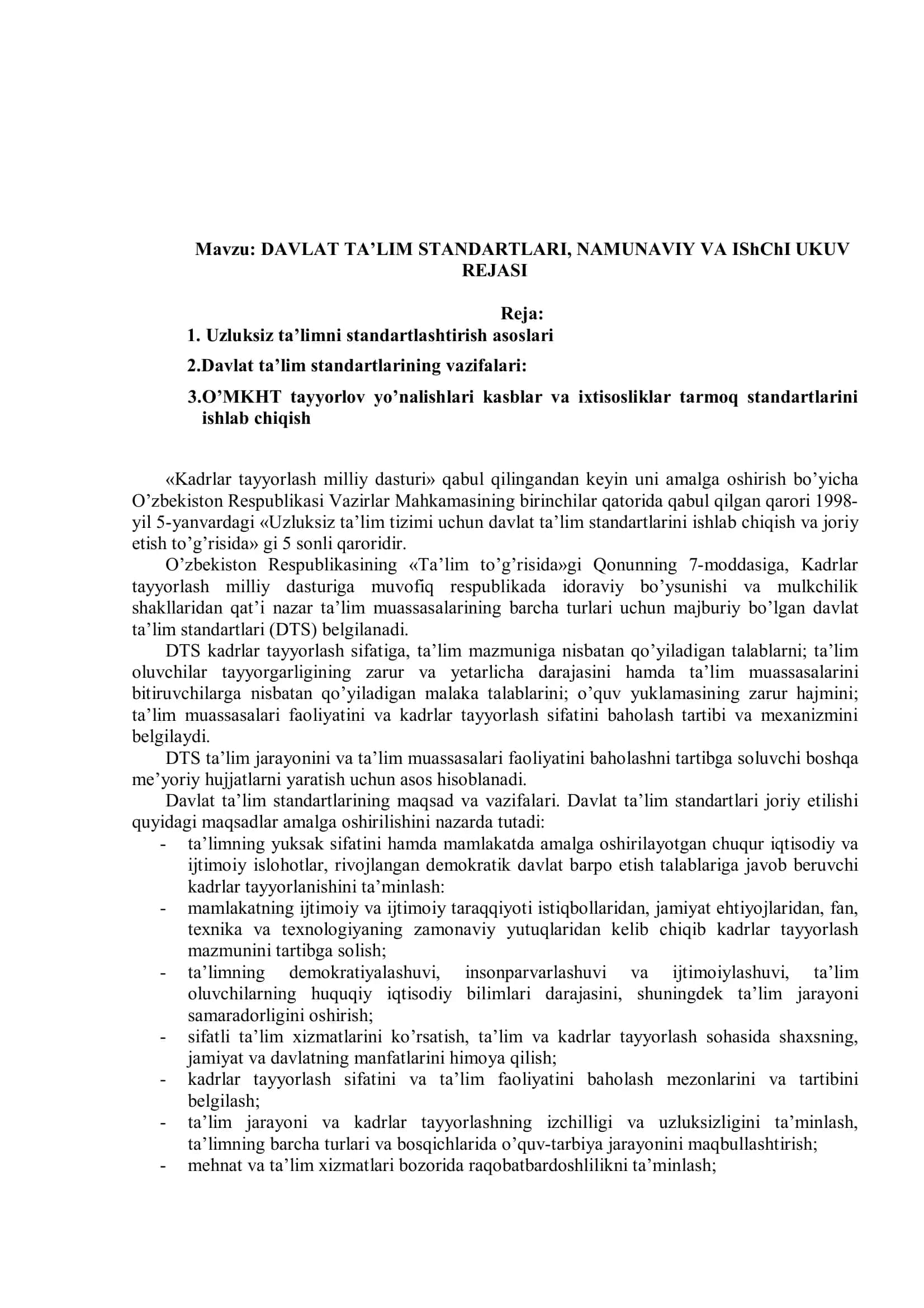 DAVLAT TA’LIM STANDARTLARI, NAMUNAVIY VA ISHCHI O’QUV REJASI 2
