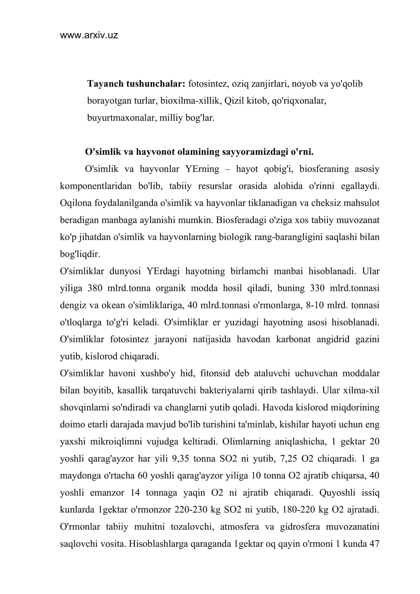 O'simlik va hayvonot olamining sayyoramizdagi o'rni 2