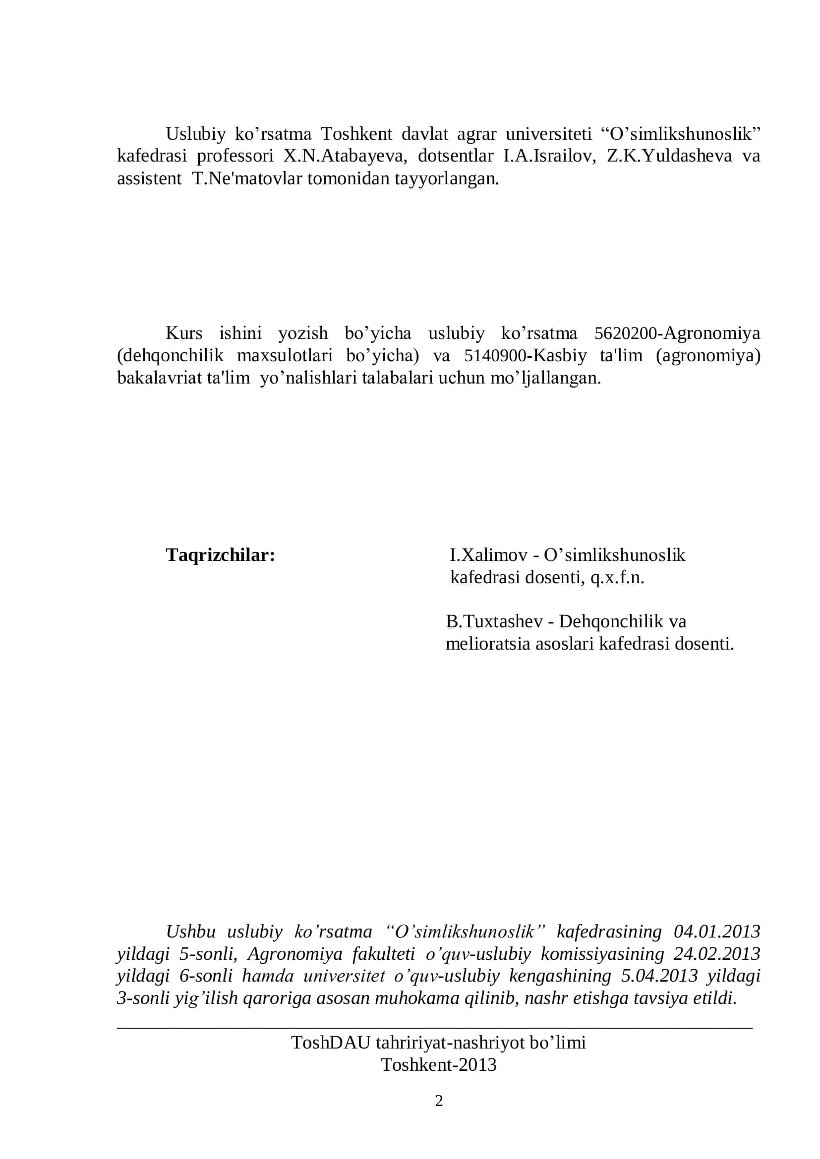 Uslubiy ko’rsatma 5620200-Agronomiya va 5140900-Kasbiy ta'lim (agronomiya) bakalavriat ta'lim yo’nalishlari talabalari uchun 2
