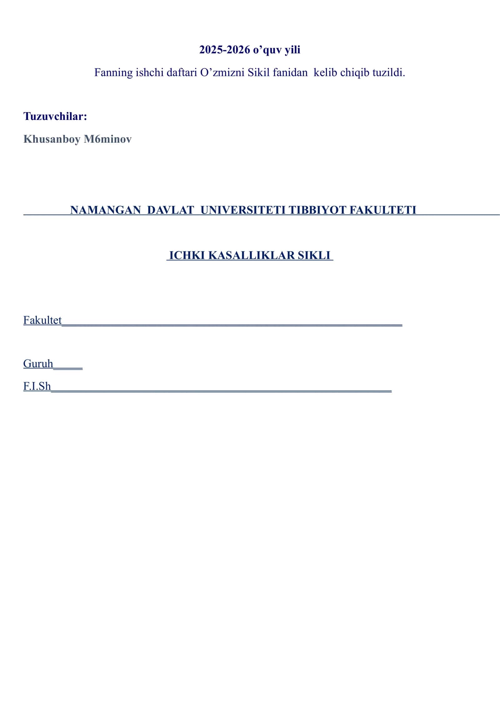 ICHKI KASALLIKLAR FANIDAN ISCHI DAFTAR 2