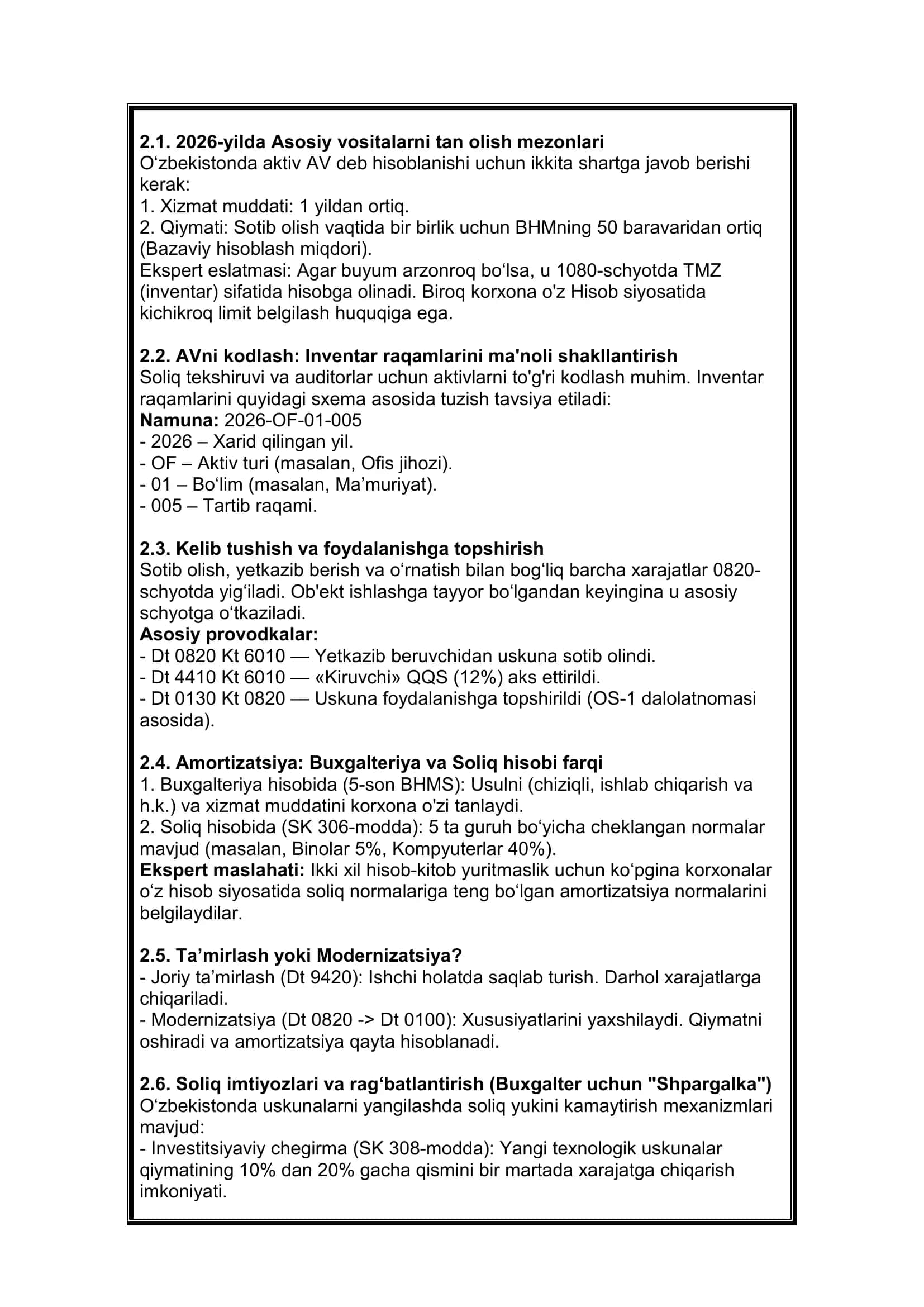 2-MODUL: Asosiy vositalar (AV) – Buxgalteriya va Soliq hisobi 2