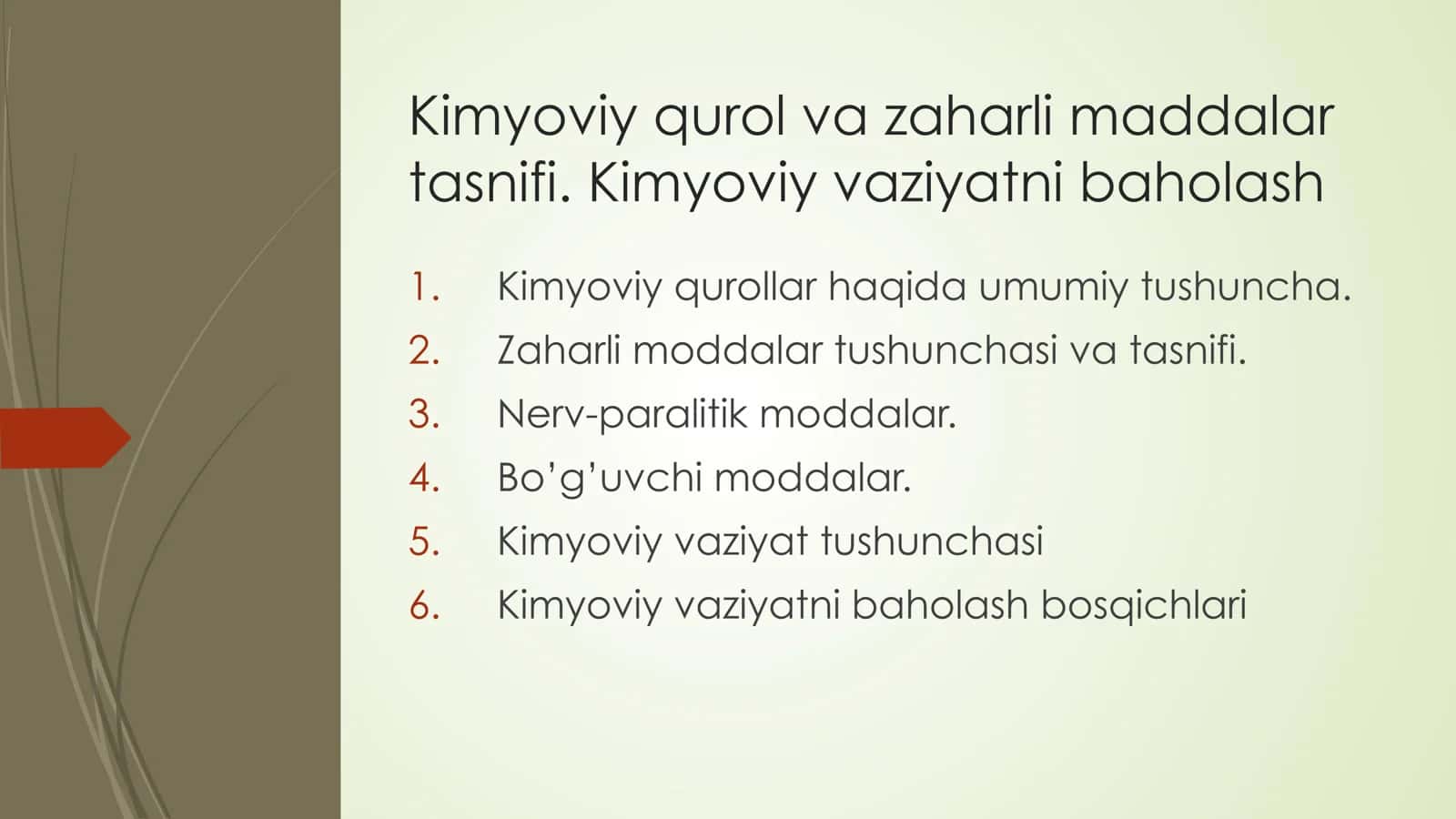 Kimyoviy qurol va zaharli maddalar tasnifi. Kimyoviy vaziyatni baholash 2