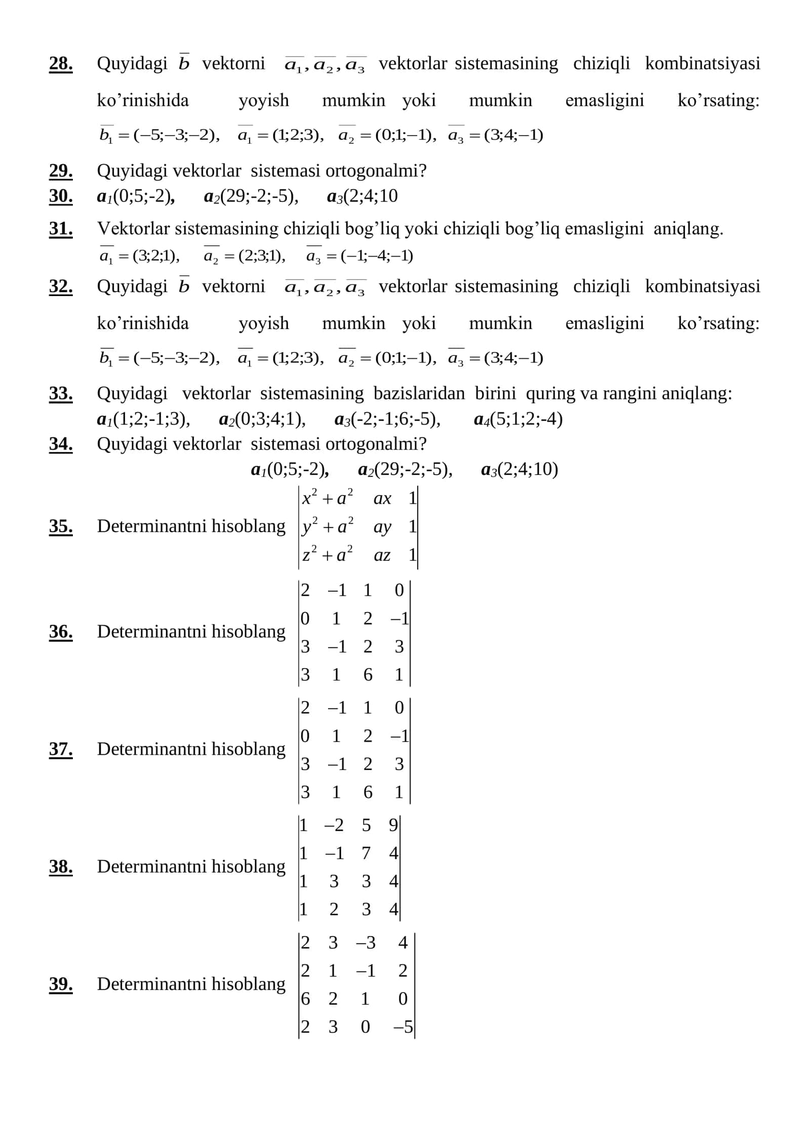 ALGEBRA VA SONLAR NAZARIYASI FANIDAN ORALIQ NAZORAT SAVOLLARI 2