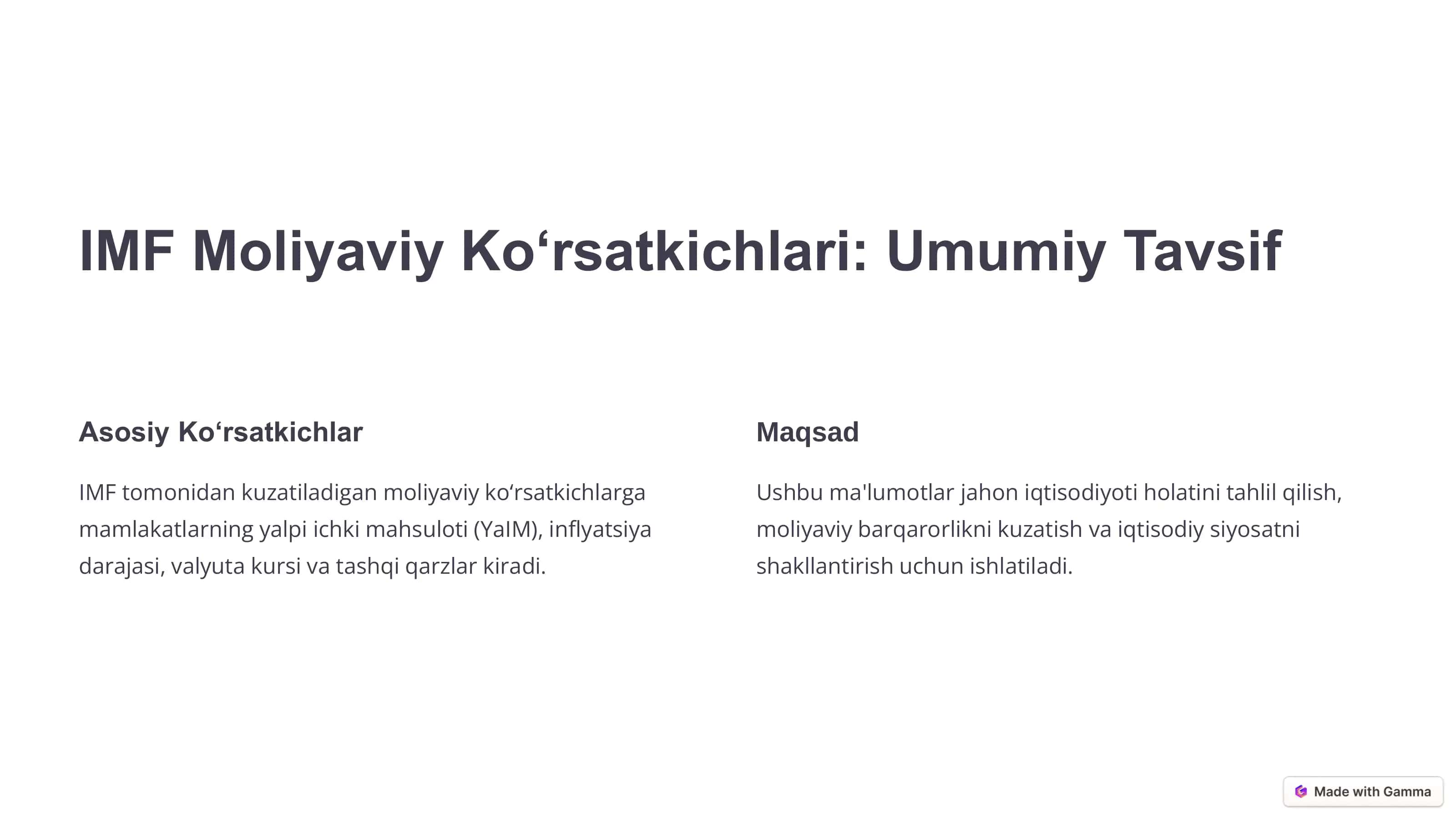 Xalqaro Valyuta Fondi Moliyaviy Ko‘rsatkichlar Tahlili 2