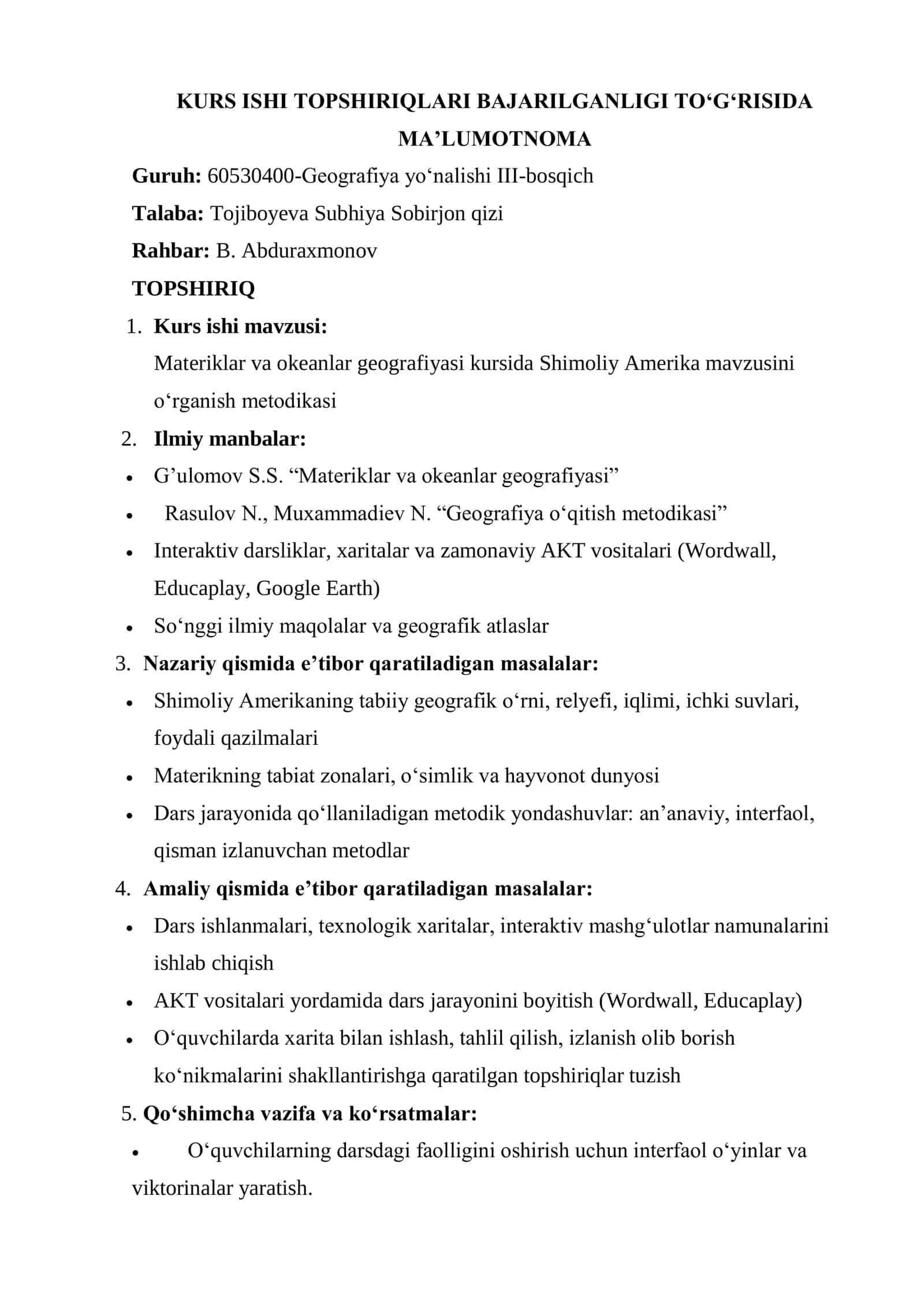 Materiklar va okeanlar geografiyasi kursida Shimoliy Amerika mavzusini o‘rganish metodikasi 2