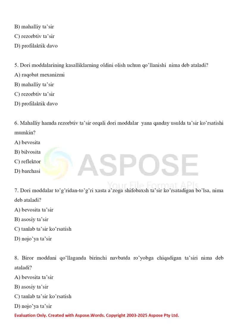 Dorilarning ta'sir turlari. Test 10 ta, javobli. 2