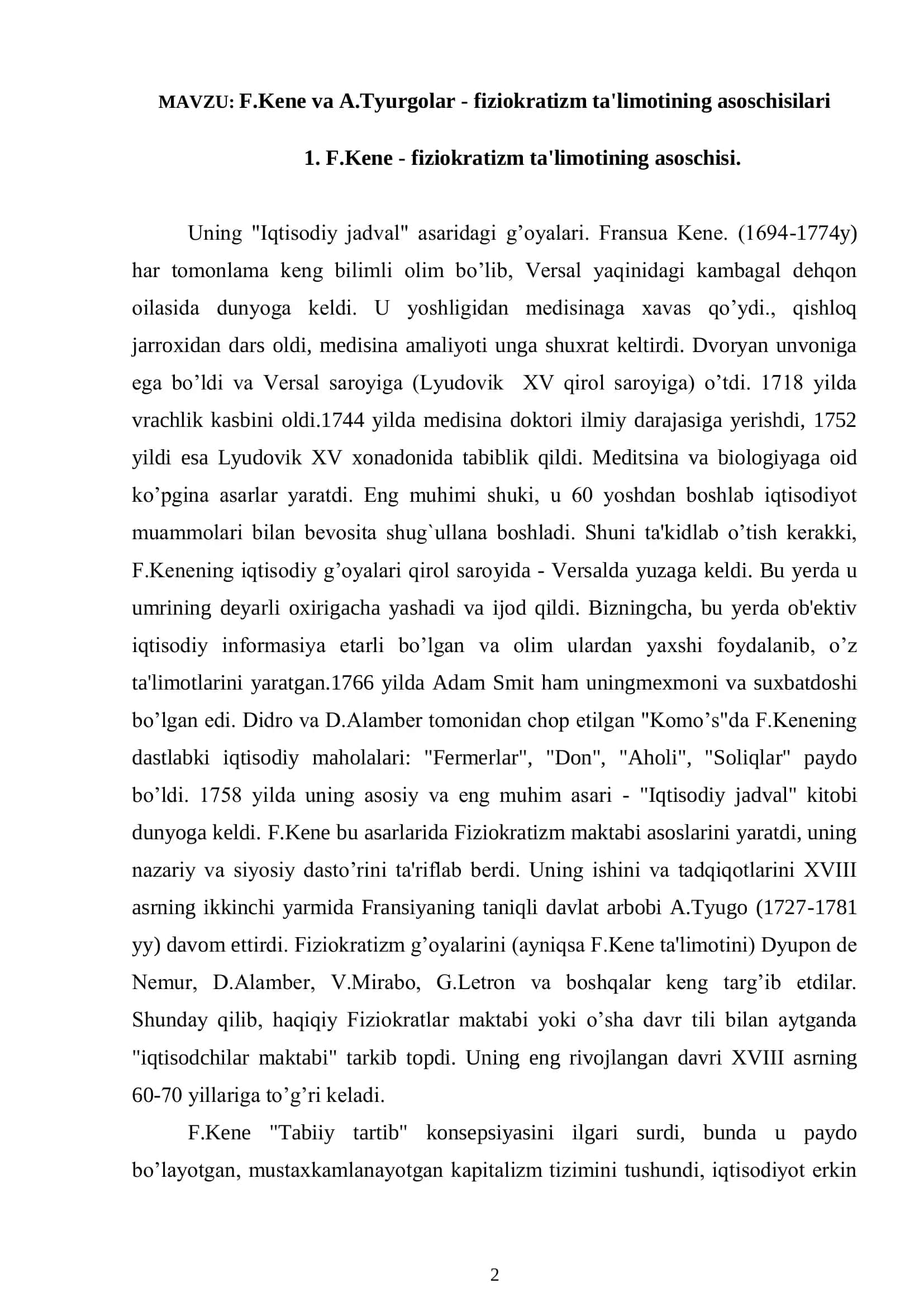 F.Kene va A.Tyurgolar - fiziokratizm ta'limotining asoschisilari 2