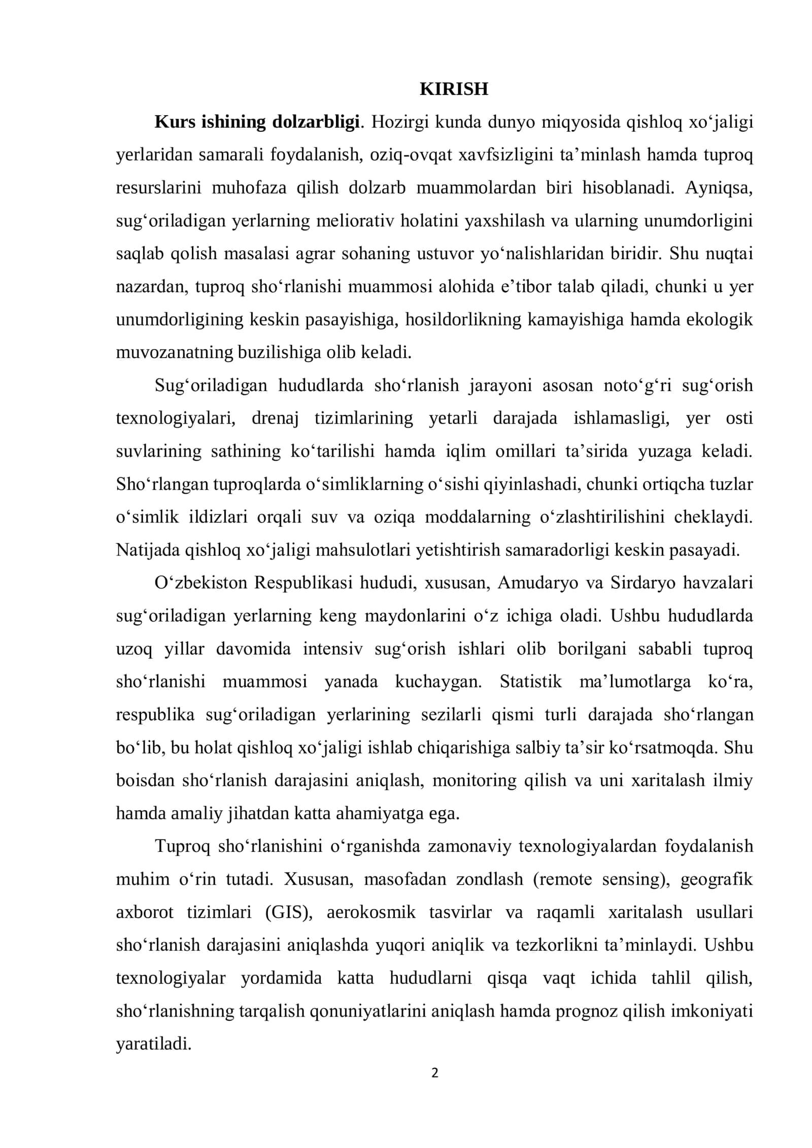 SUG’ORILADIGAN YERLARDA SHO’RLANISH DARAJASINI MONITORING QILISH 2