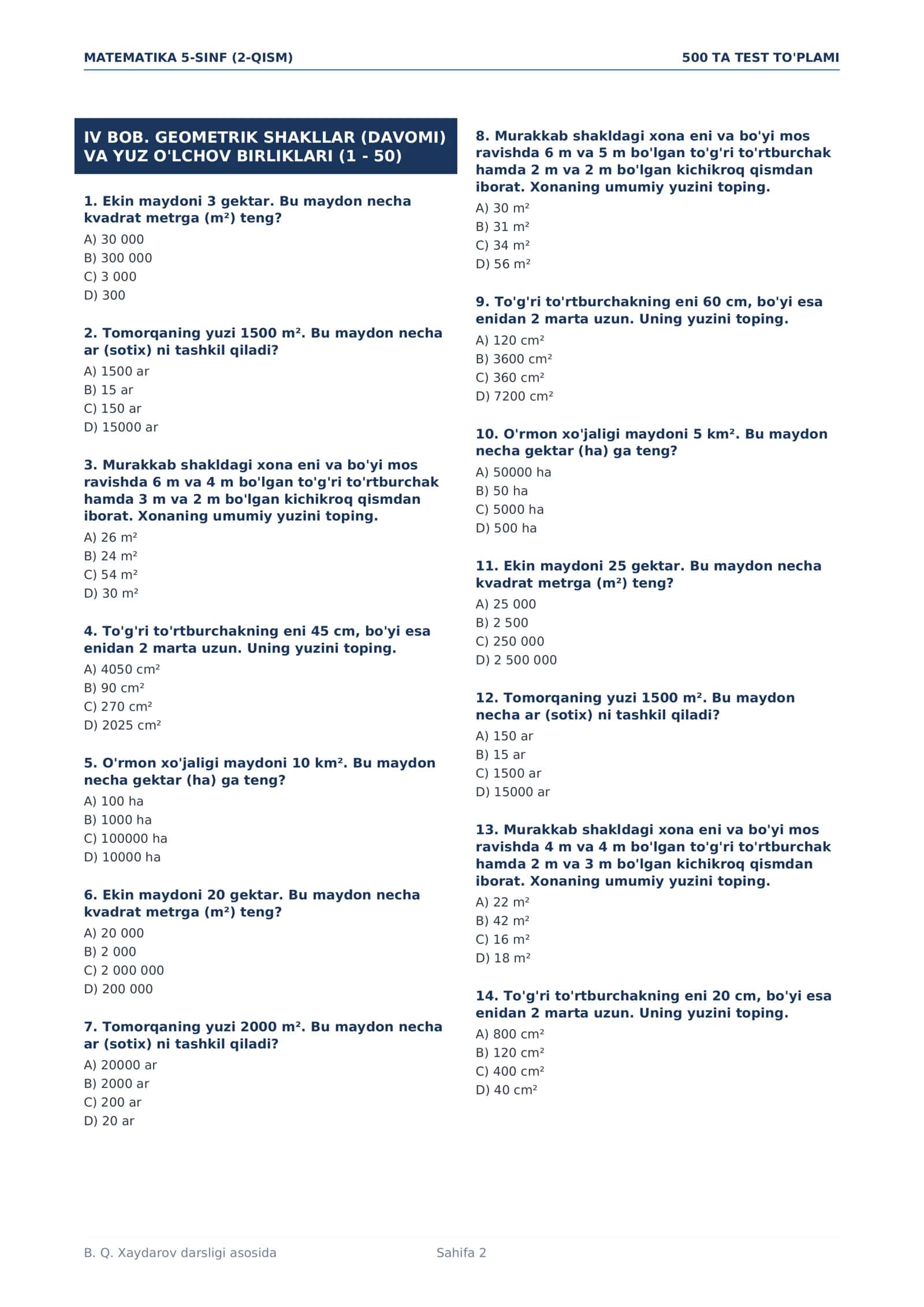 5-SINF MATEMATIKA 2-QISM — 500 TA TEST | JAVOBLARI BILAN | PDF 2