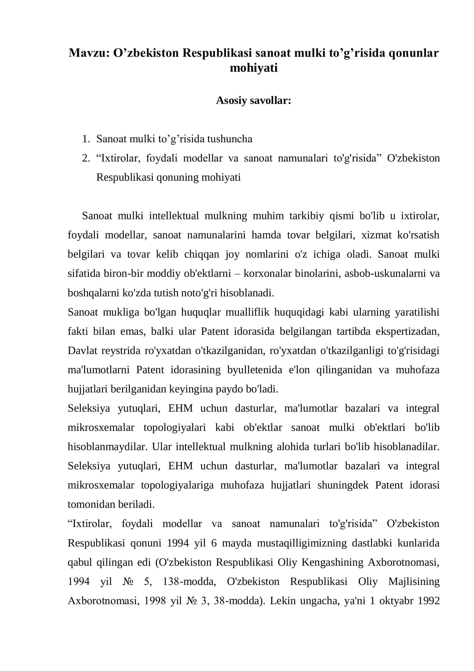 O’zbekiston Respublikasi sanoat mulki to’g’risida qonunlar mohiyati 2