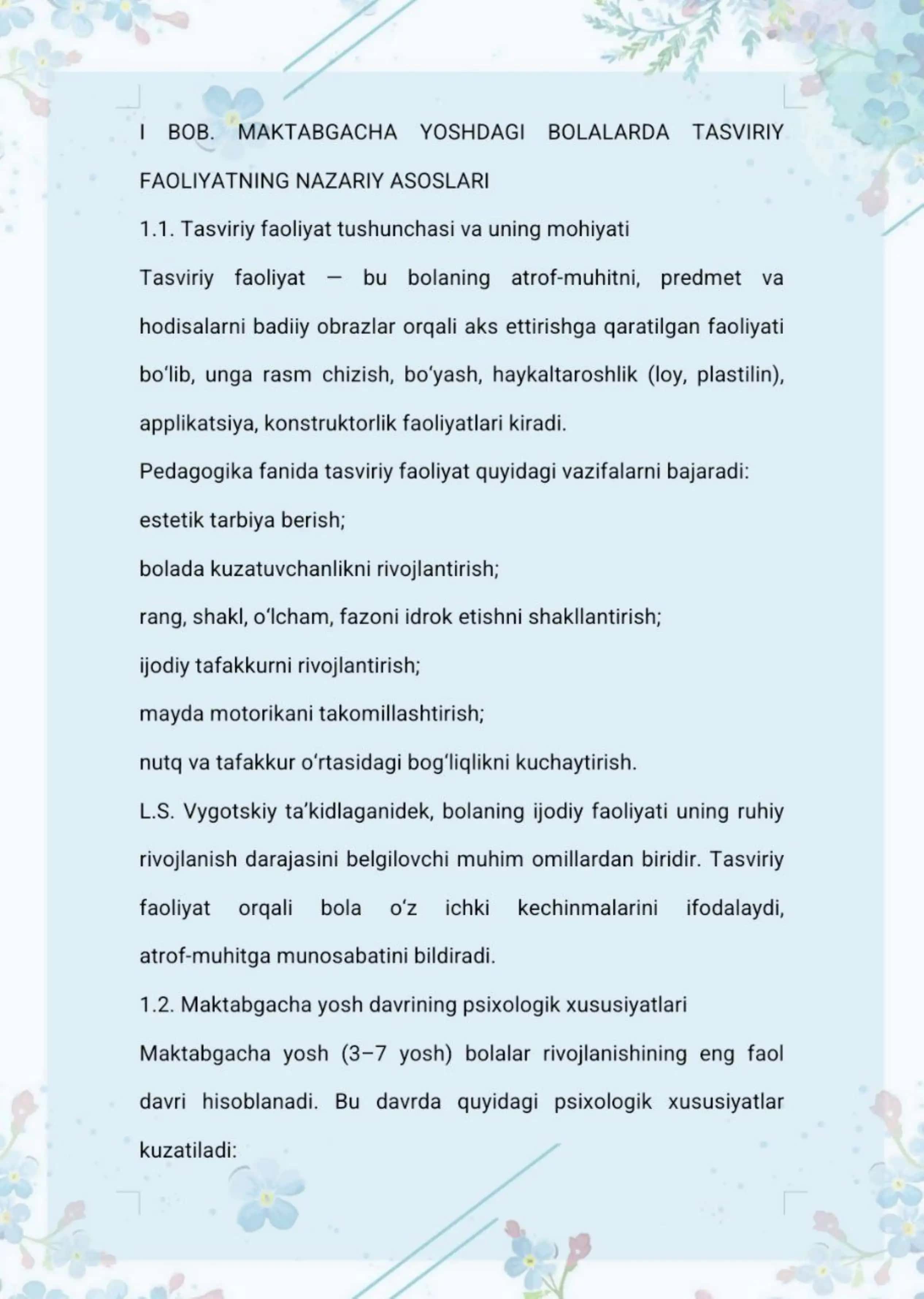 MAKTABGACHA  YOSHDAGI  BOLALARNI  TASVIRIY  FAOLIYATLARINING O'ZIGA XOS XUSUSIYATLARI 2