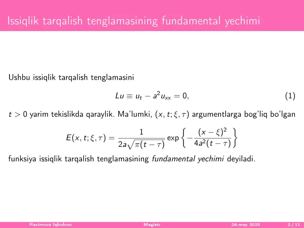 issiqlik tarqalish operatorining fundamental yechimi 2