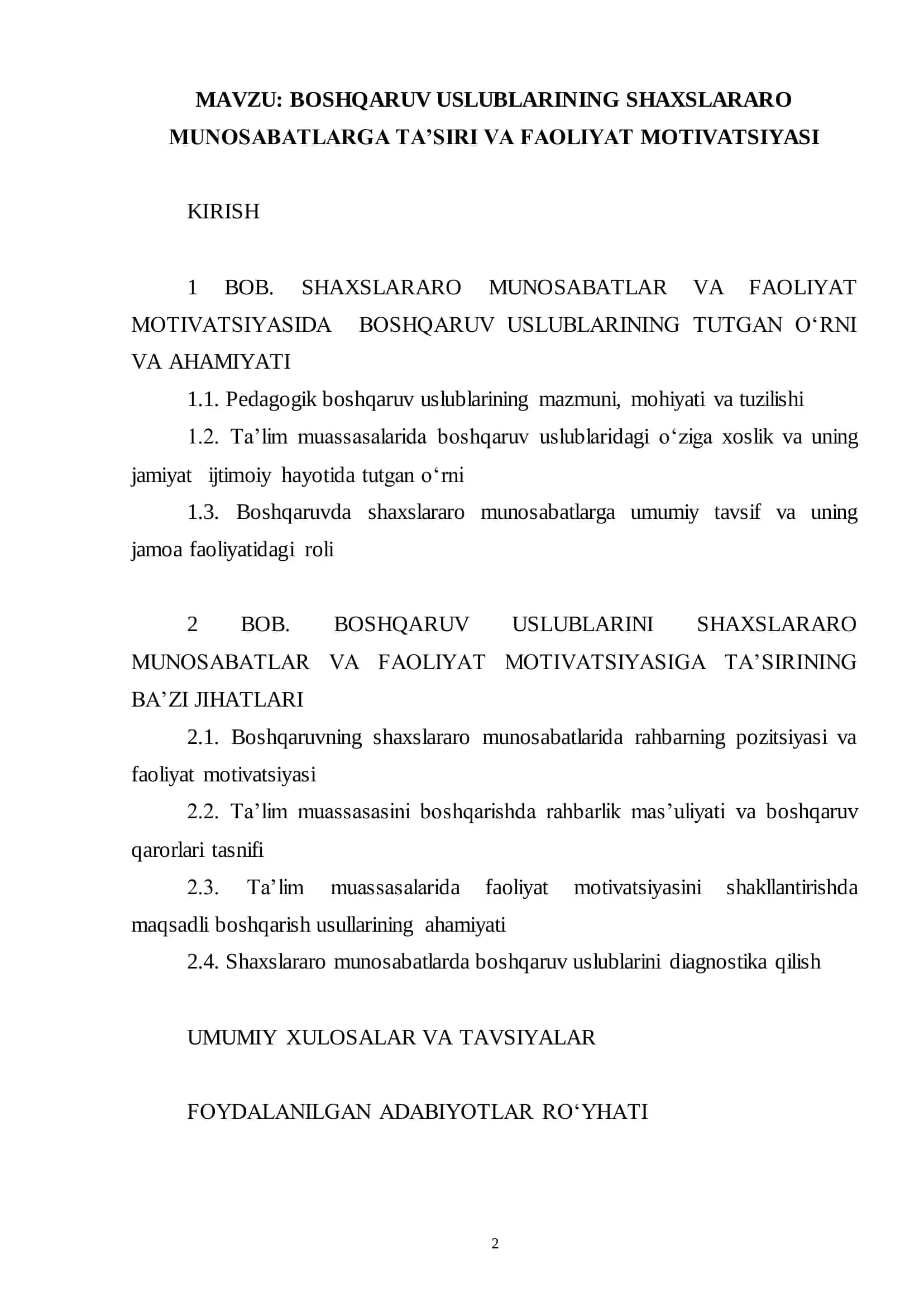 BOSHQARUV USLUBLARINING SHAXSLARARO MUNOSABATLARGA TA‟SIRI VA FAOLIYAT MOTIVATSIYASI 2