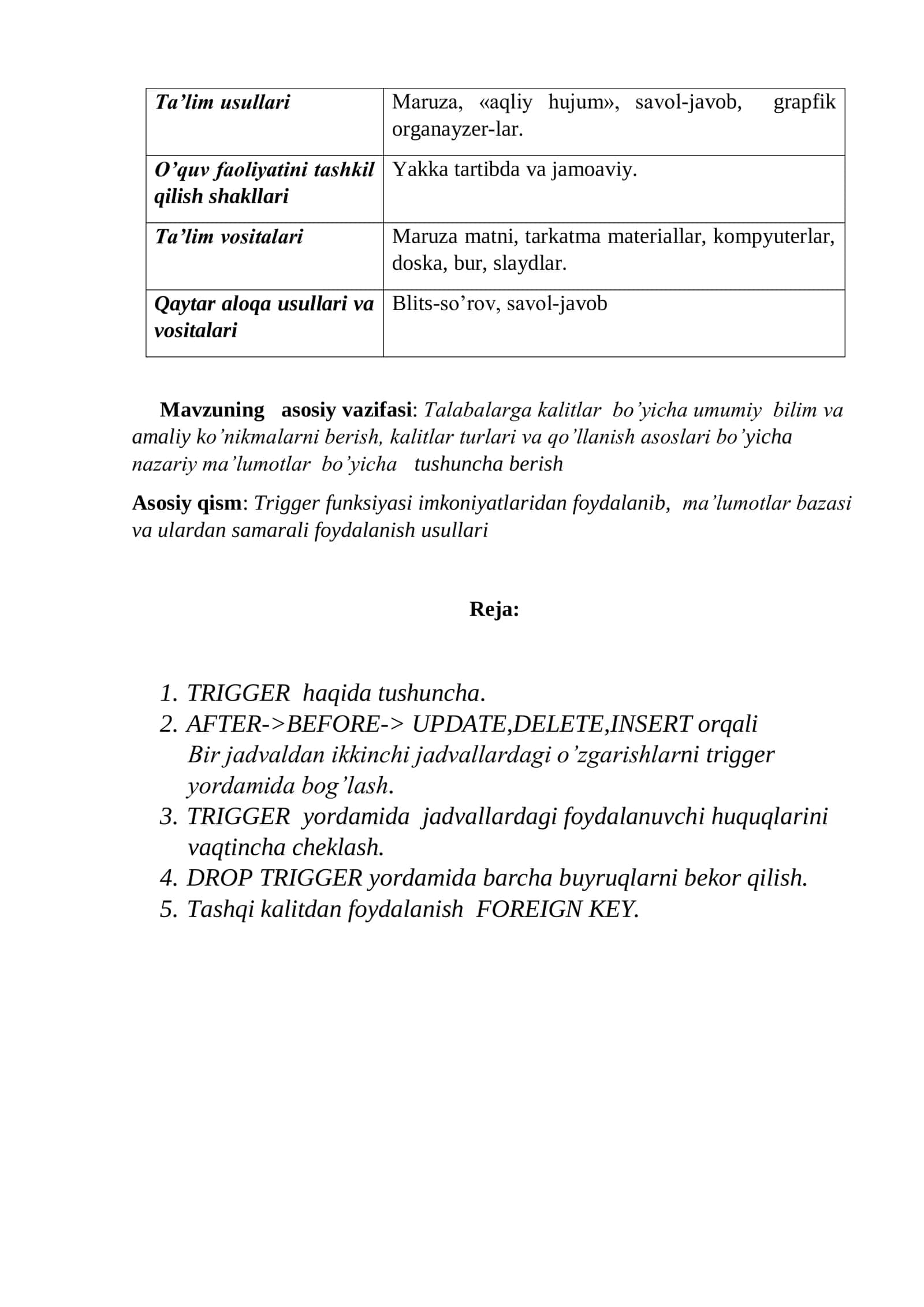 TRIGGER. Tashqi kalitlar. Cursor 2