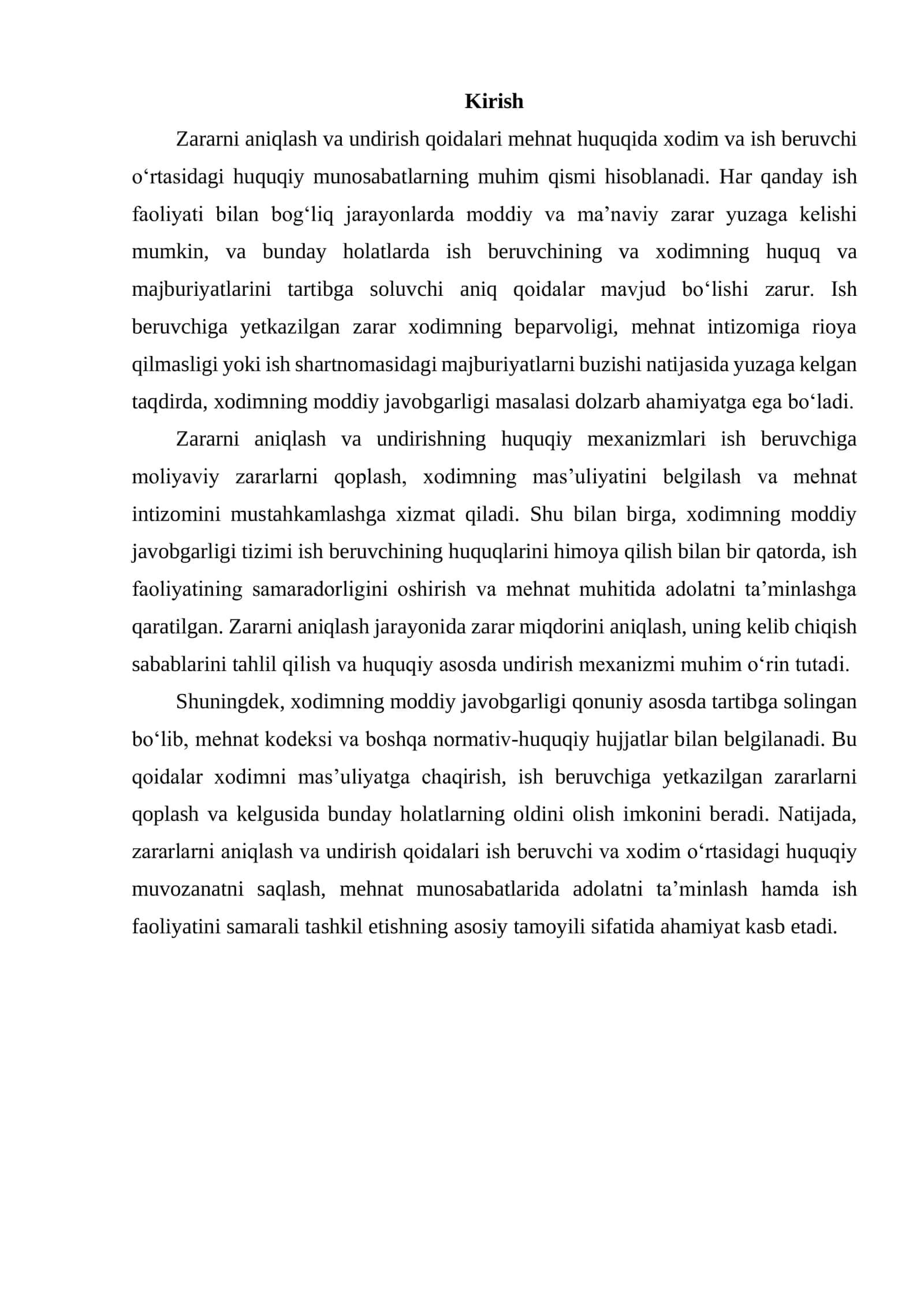 ZARARNI ANIQLASH VA UNDIRISH QOIDALARI. ISH BERUVCHIGA YETKAZILGAN ZARAR UCHUN XODIMNING MODDIY JAVOBGARLIGI 2