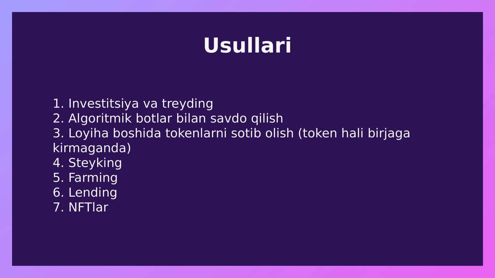 Kriptovalyuta bozorida pul ishlash usullari 2