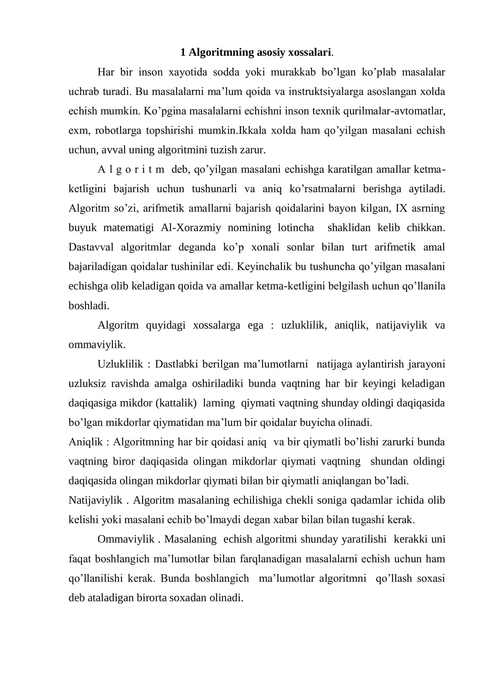 Algoritmning xossalari, yozilish usullari va turlari 2