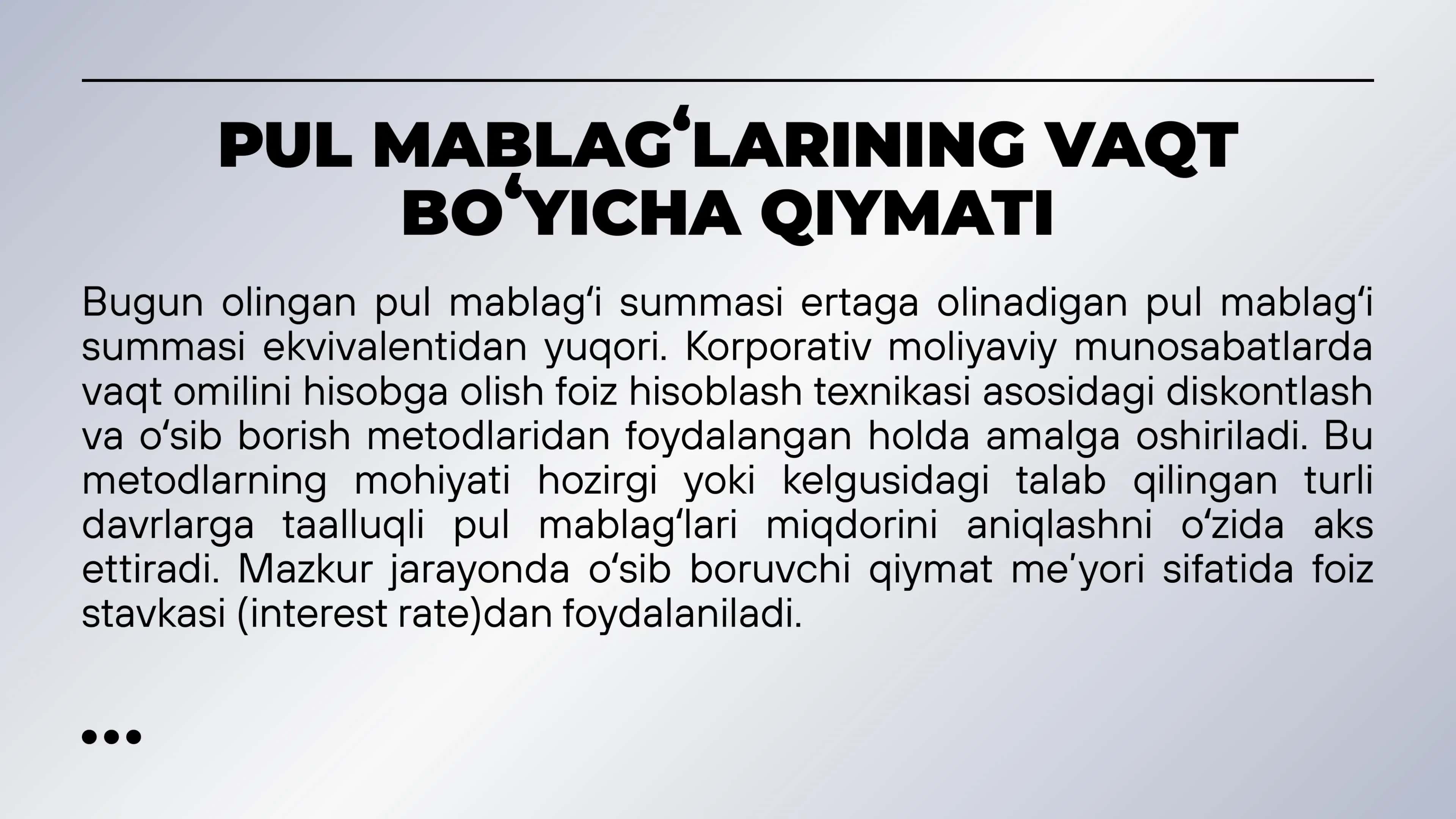 Pulning vaqt qiymati va investitsiyalarning rentabelligi 2