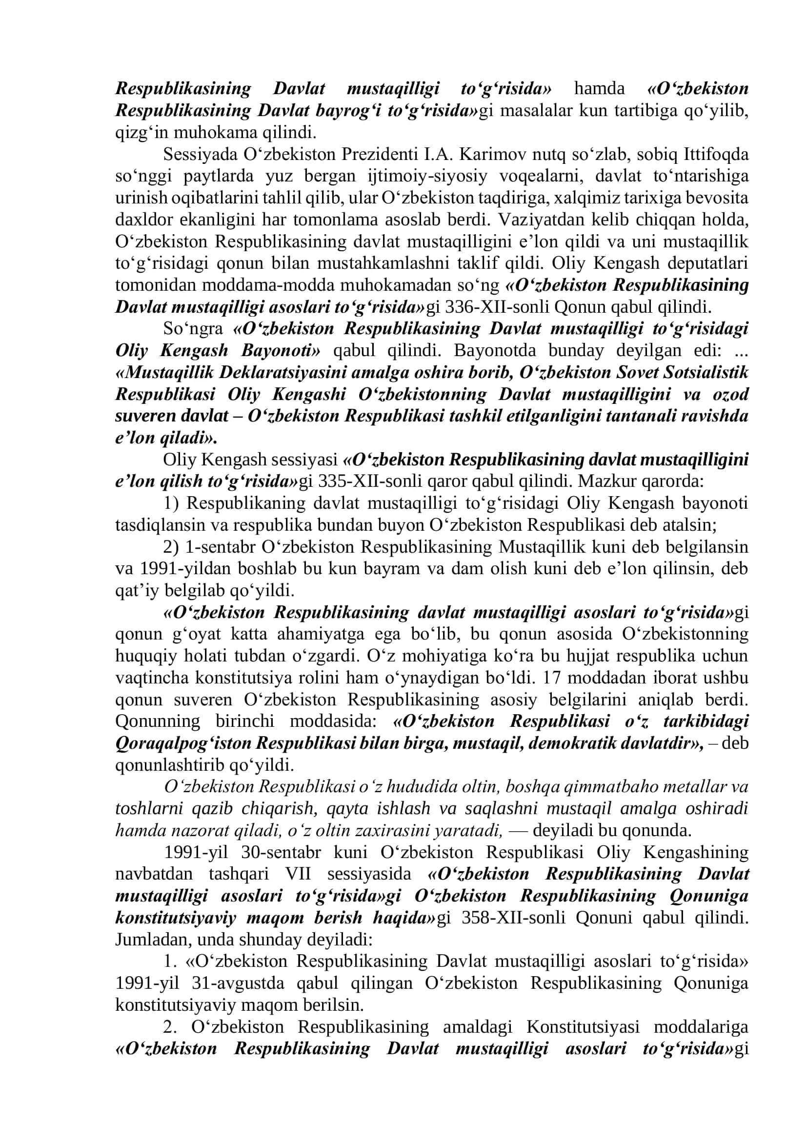 Mustaqil O‘zbekiston Respublikasining tashkil topishi 2