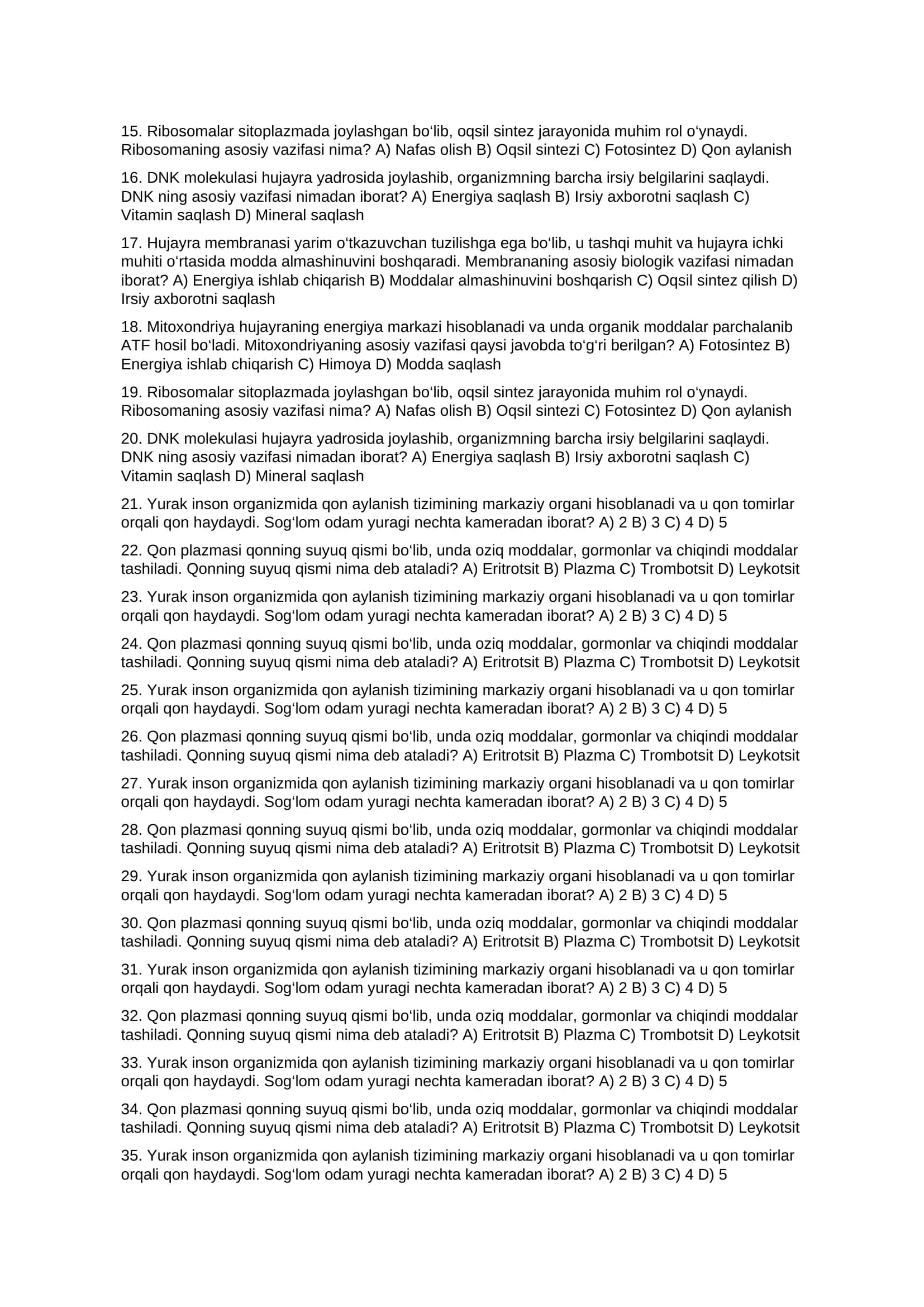9-SINF BIOLOGIYA FANIDAN 100 TA SIFATLI TEST SAVOLLARI 2