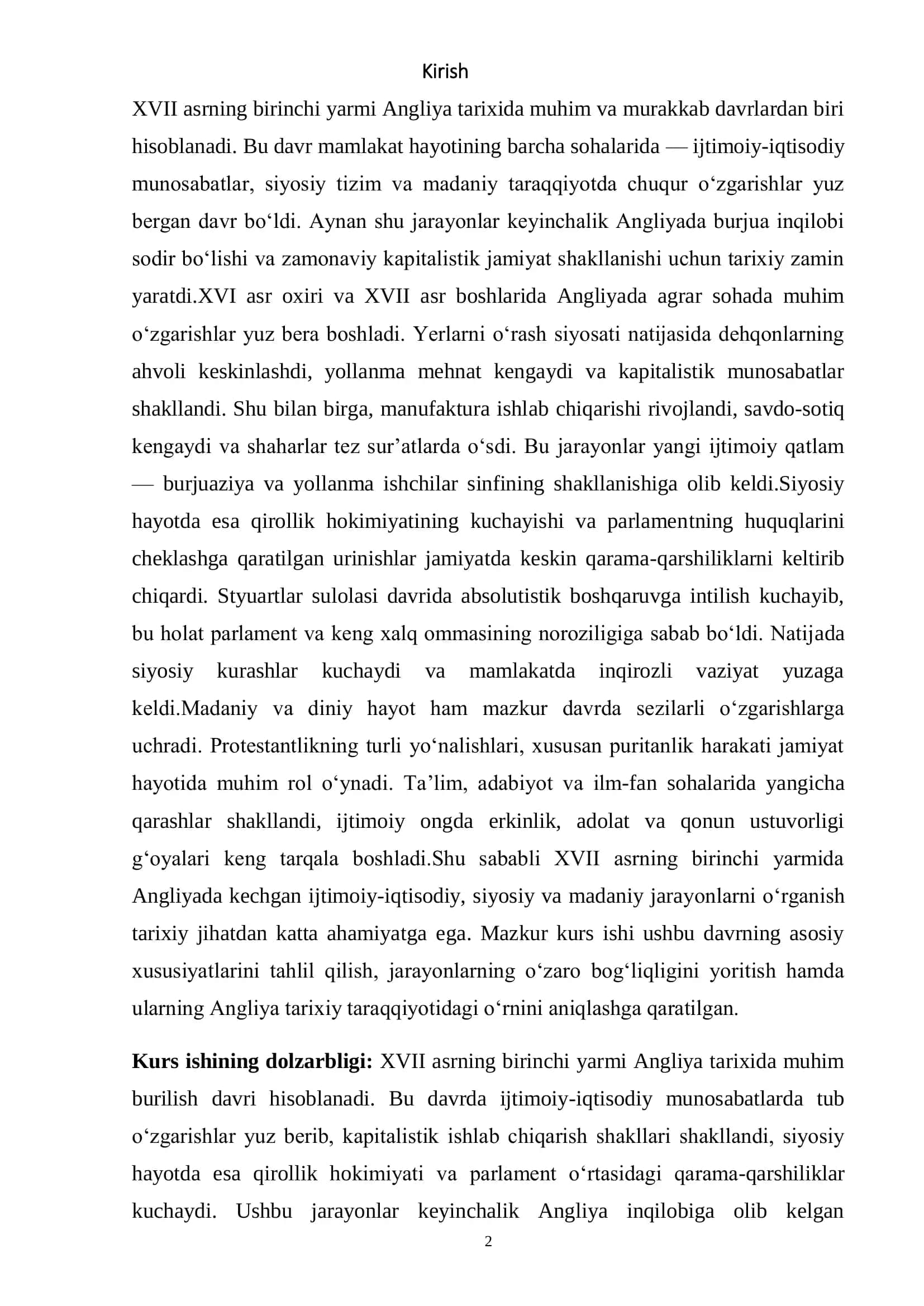 XVII asrning Angliyadagi rivojlanishi 2