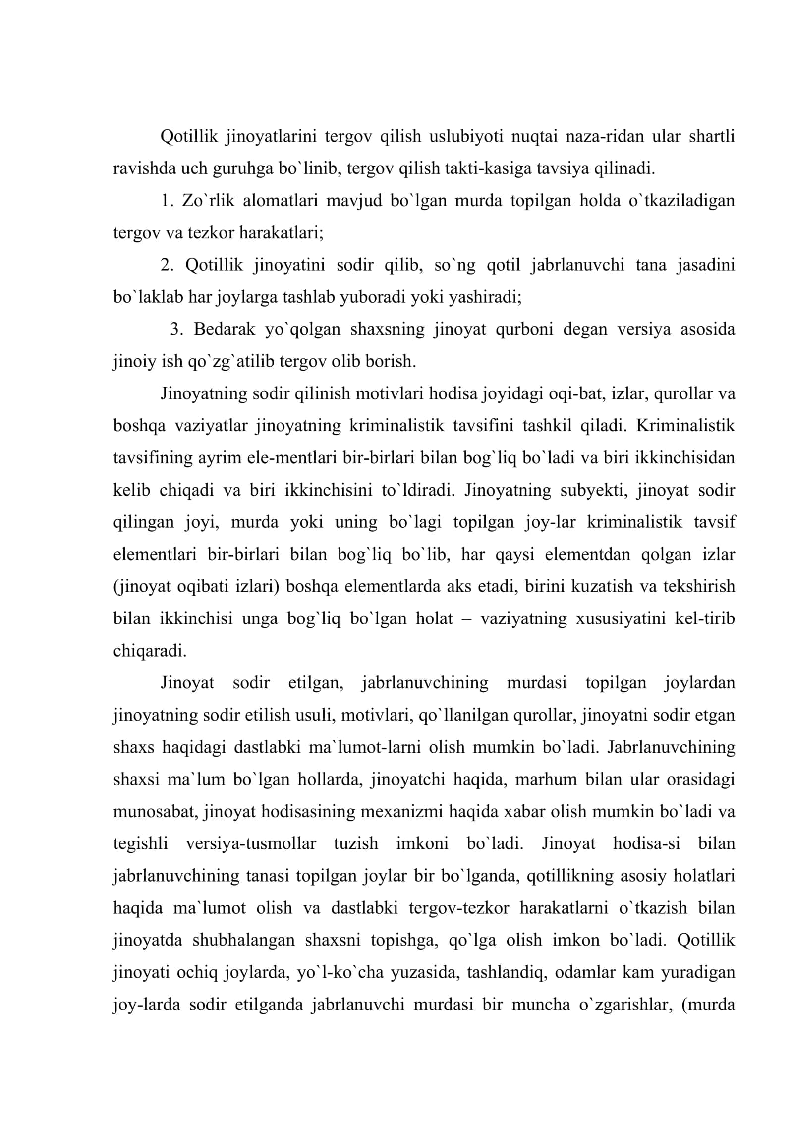 Murda bo`lagi topilgan holatlarda tergovning o`ziga xosliligi 2