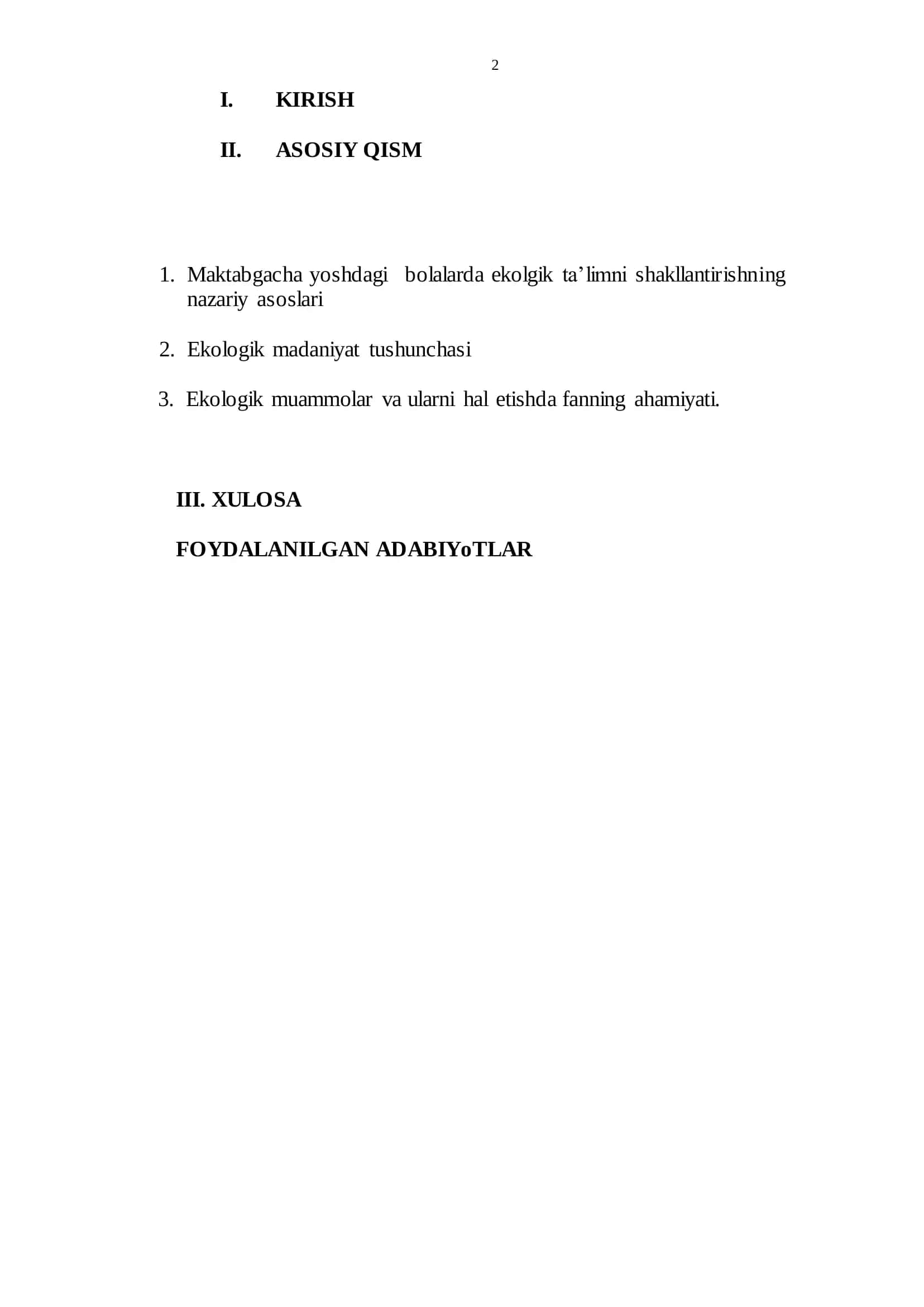 "Maktabgacha yoshdagi bolalarda ekologik ta’lim va madaniyatni tarbiyalashga innovatsion yondashuv" REFERAT 2