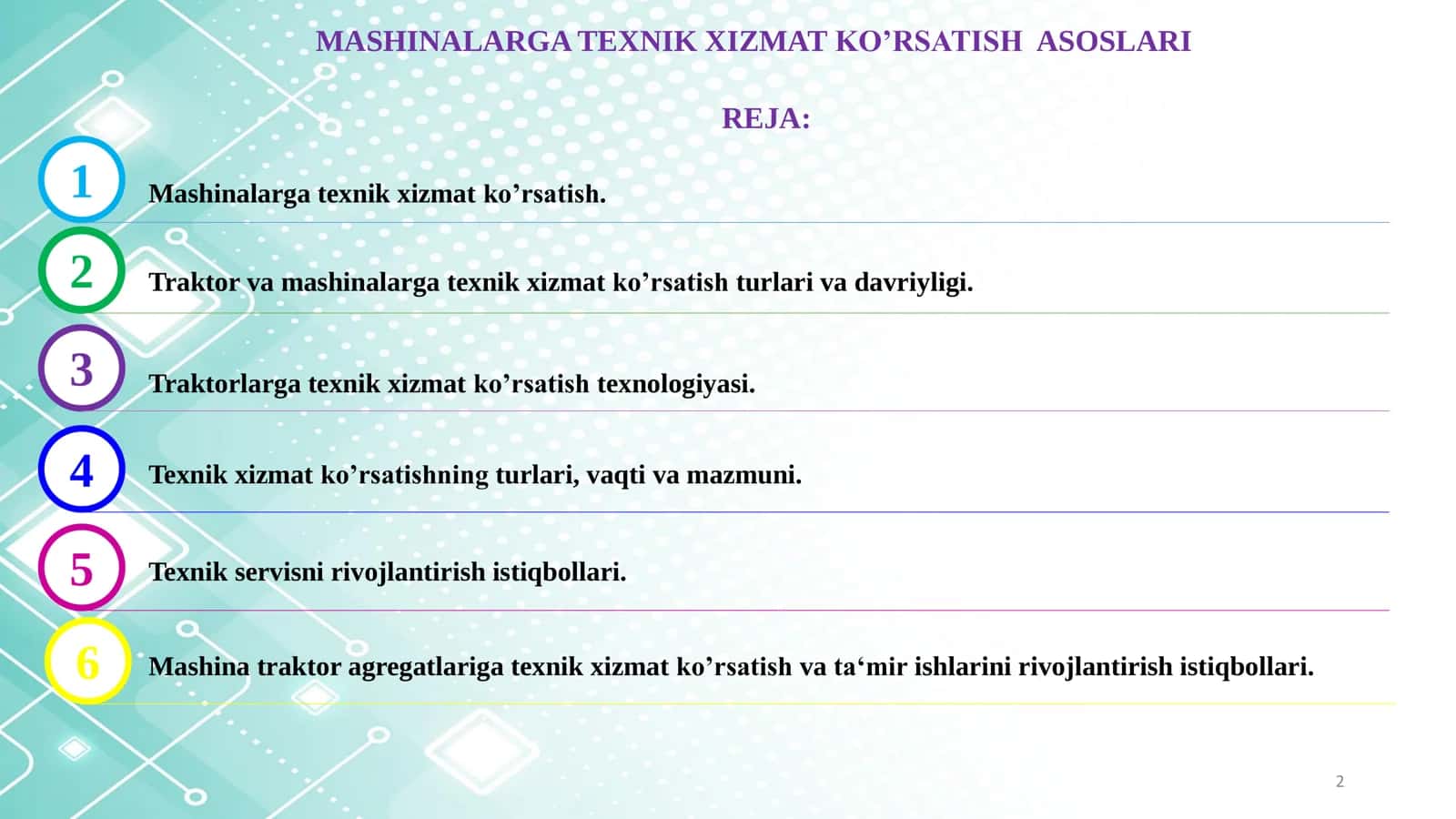 MASHINALARGA TEXNIK XIZMAT va TEXNIK SERVIS KO’RSATISH TIZIMLARI 2