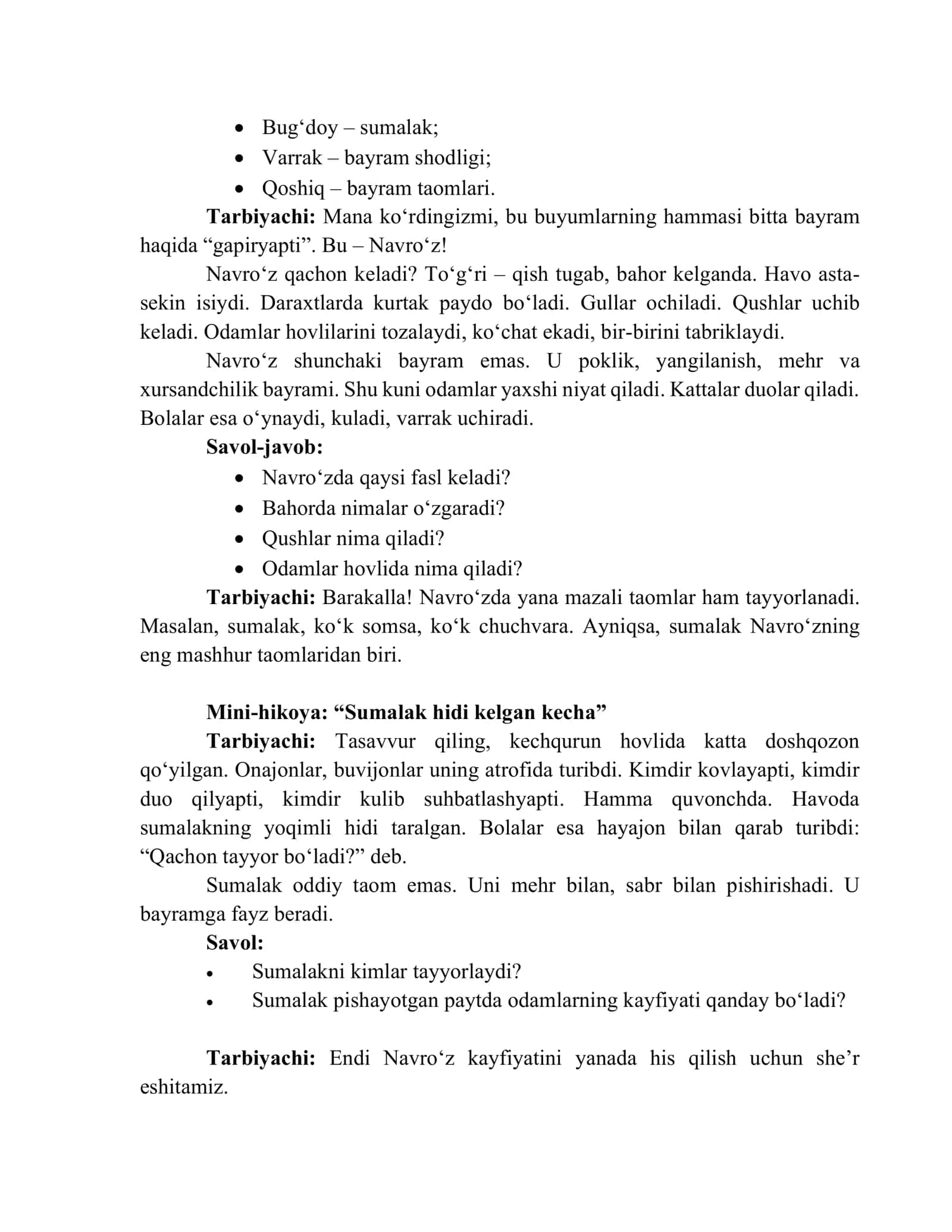 MAKTABGACHA TA’LIM TASHKILOTLARI TARBIYALANUVCHILAR UCHUN DAVRA SUHBATI: “NAVRO‘Z BAYRAMI” 2