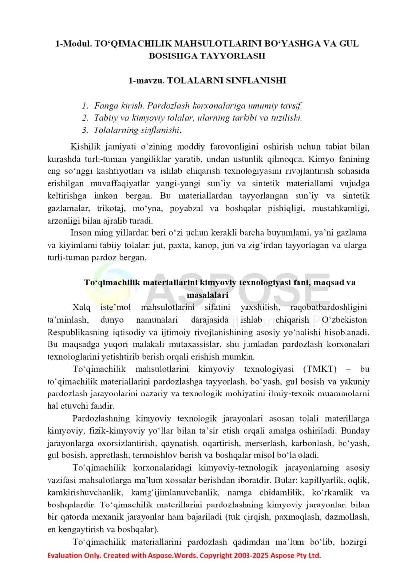 To‘qimachilik mahsulotlarini kimyoviy texnologiyasi o‘quv materiallari 2