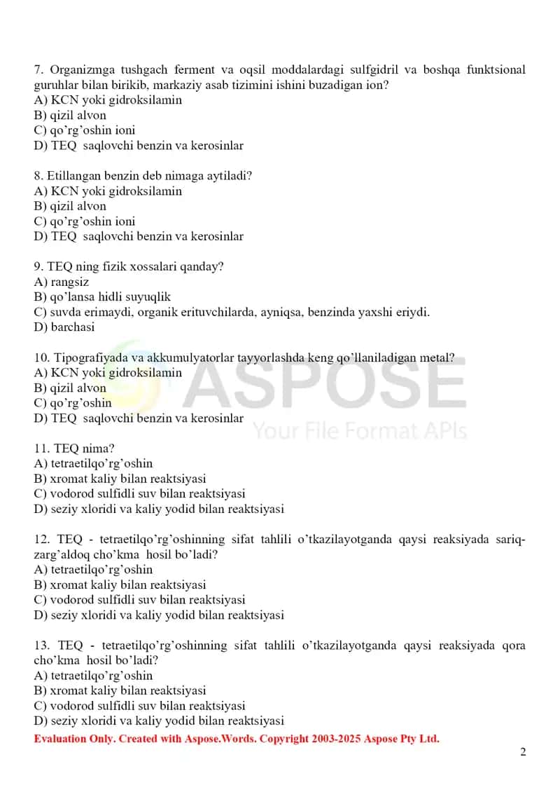10. Tetraetilqo'rg'oshin. Toksikologik ahamiyati, ashyoviy dalillardan ajratib olish va tahlil usullari. Test 15 ta. 2
