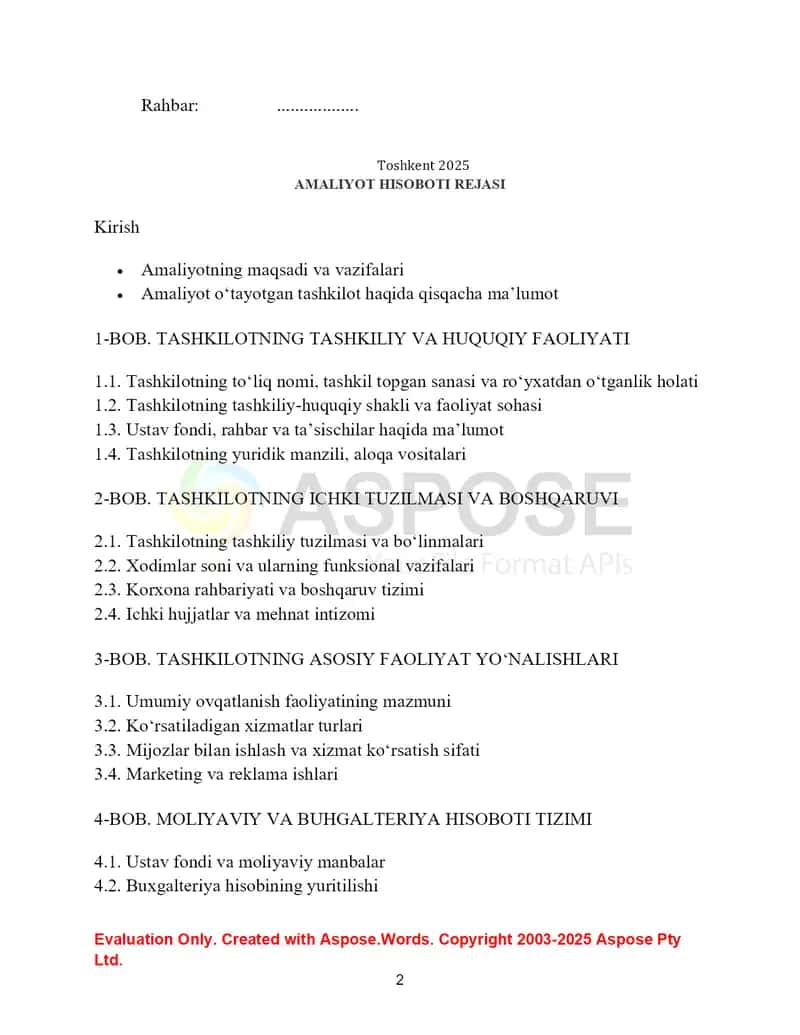 AMALIYOT HISOBOTI. Tashkilot shakli	: Umumiy ovqatlanish (XO‘jalik yurituvchi subyekt) 2