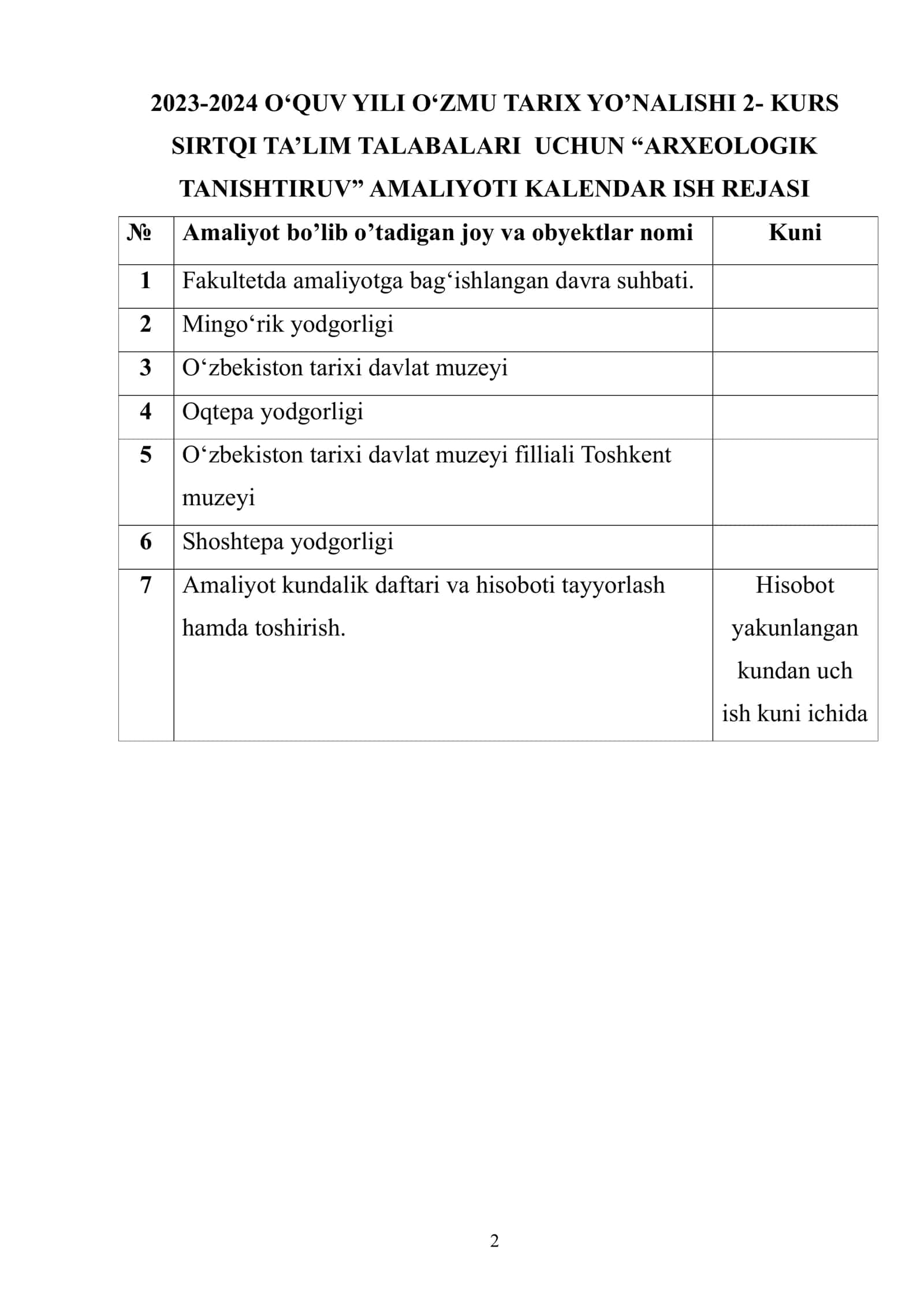 ARXEOLOGIK TANISHTIRUV amaliyot hisoboti 2