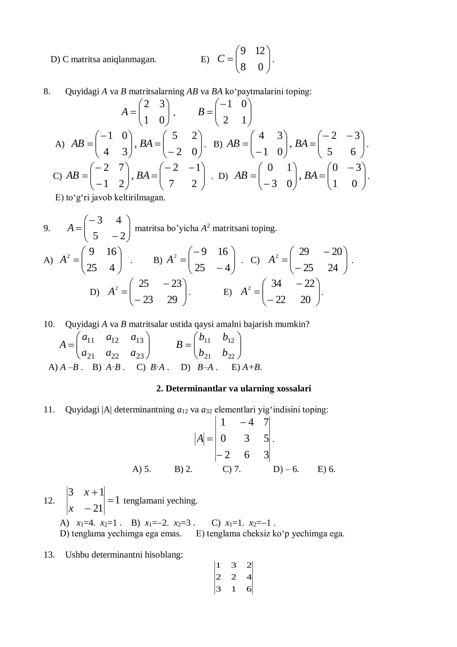 Talabalar uchun chiziqli algebra fanidan testlar to'plami 2