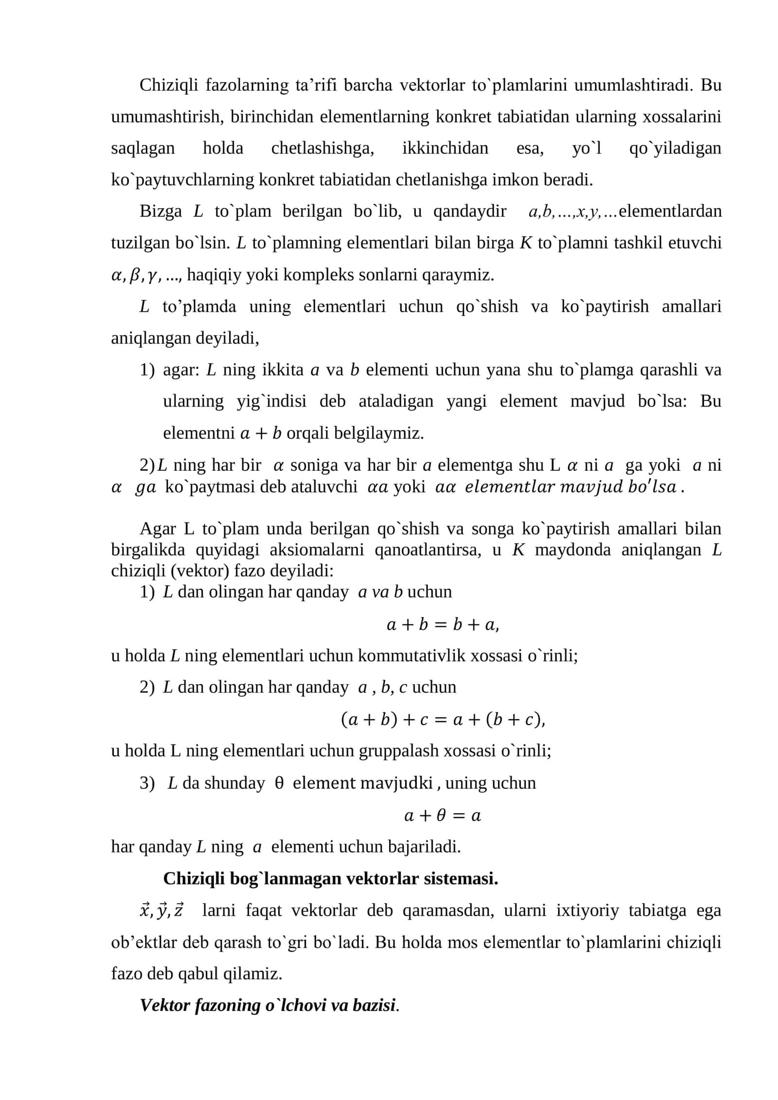Chiziqli fazolar. Chiziqli bog‘liqlik va chiziqli erklilik 2