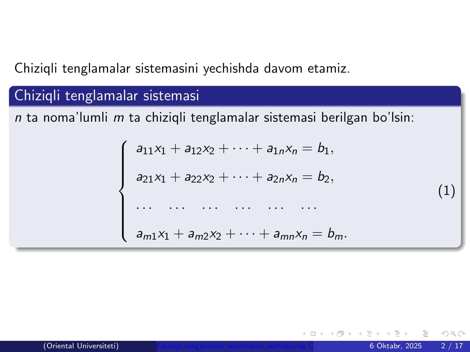 Chiziqli tenglamalar sistemasini yechishning Gauss va Gauss-Jordan usullari 2