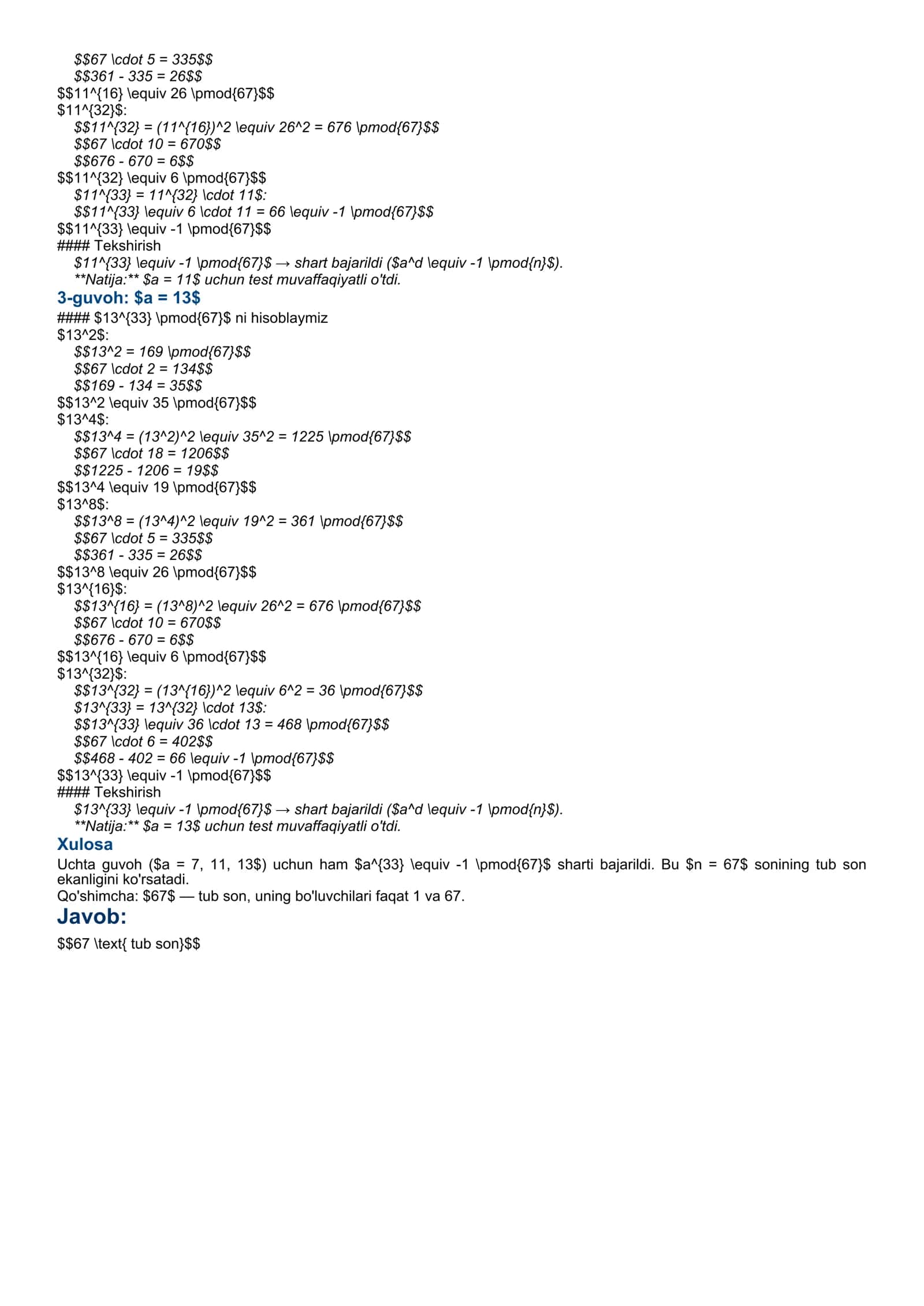 14-Misol-92: $n=67$ sonini Rabin-Miller testi orqali tublikka tekshirish 2