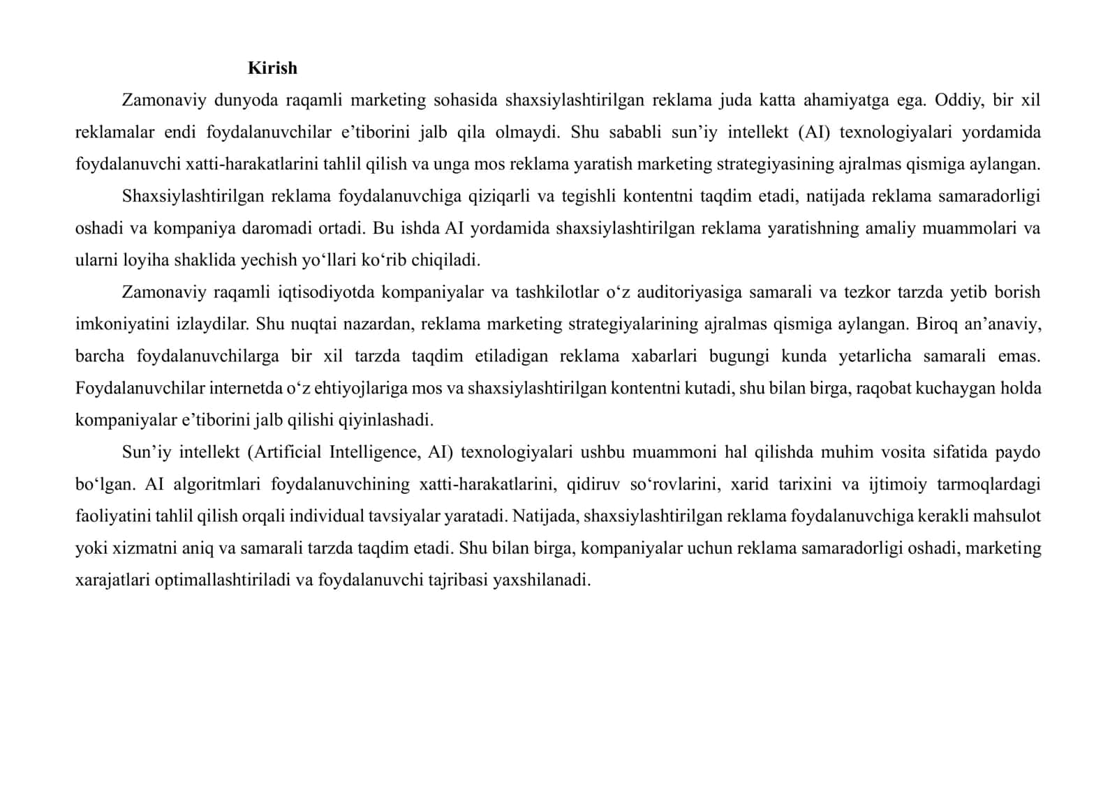 AI YORDAMIDA SHAXSIYLASHTIRILGAN REKLAMA YARATISH, AMALIYOTDAGI MUAMMONI ANIQLASH VA LOYIHA SHAKLDA YECHIM TAYYORLASH 2