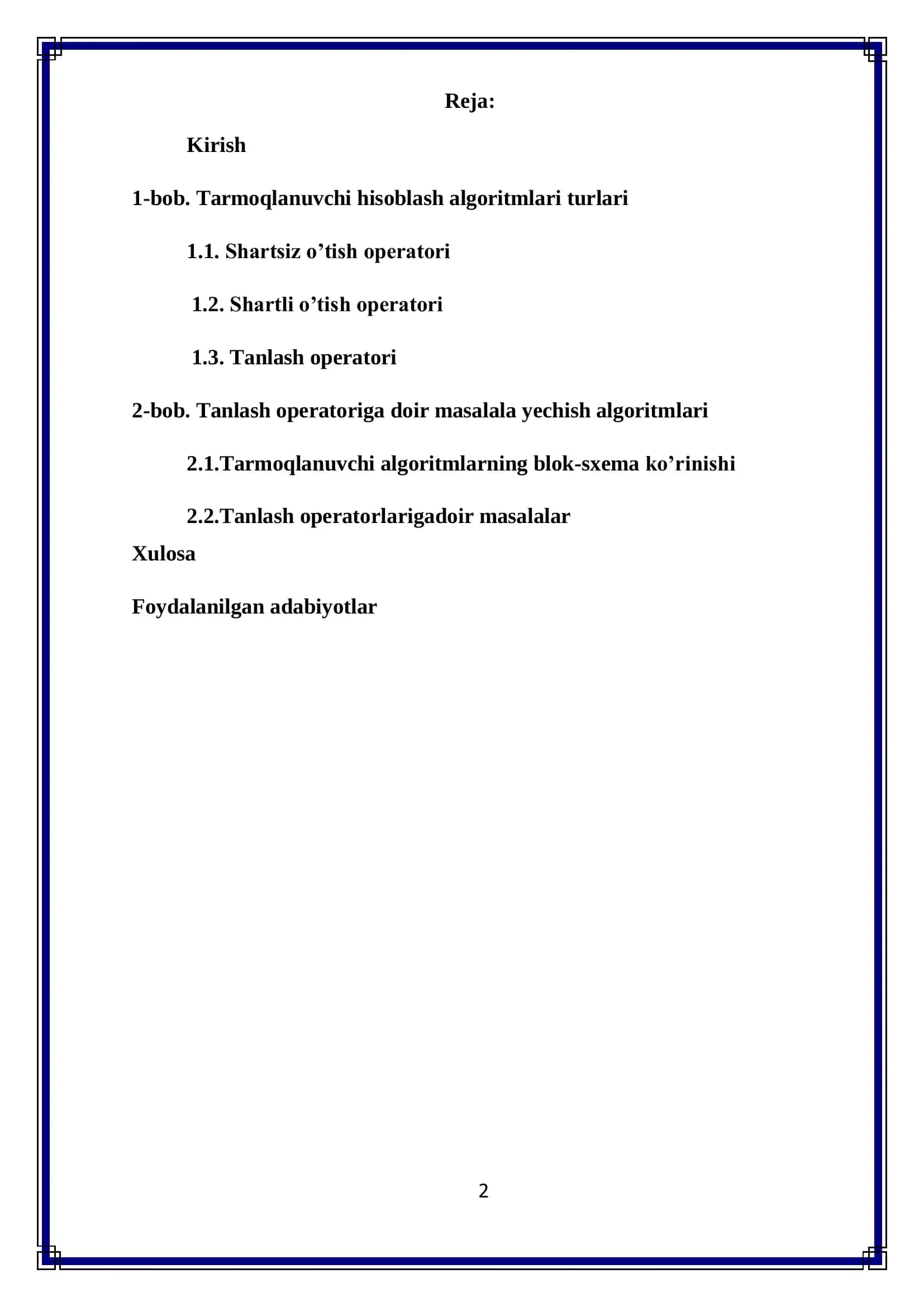 Tanlash operatorlari algoritmi 2