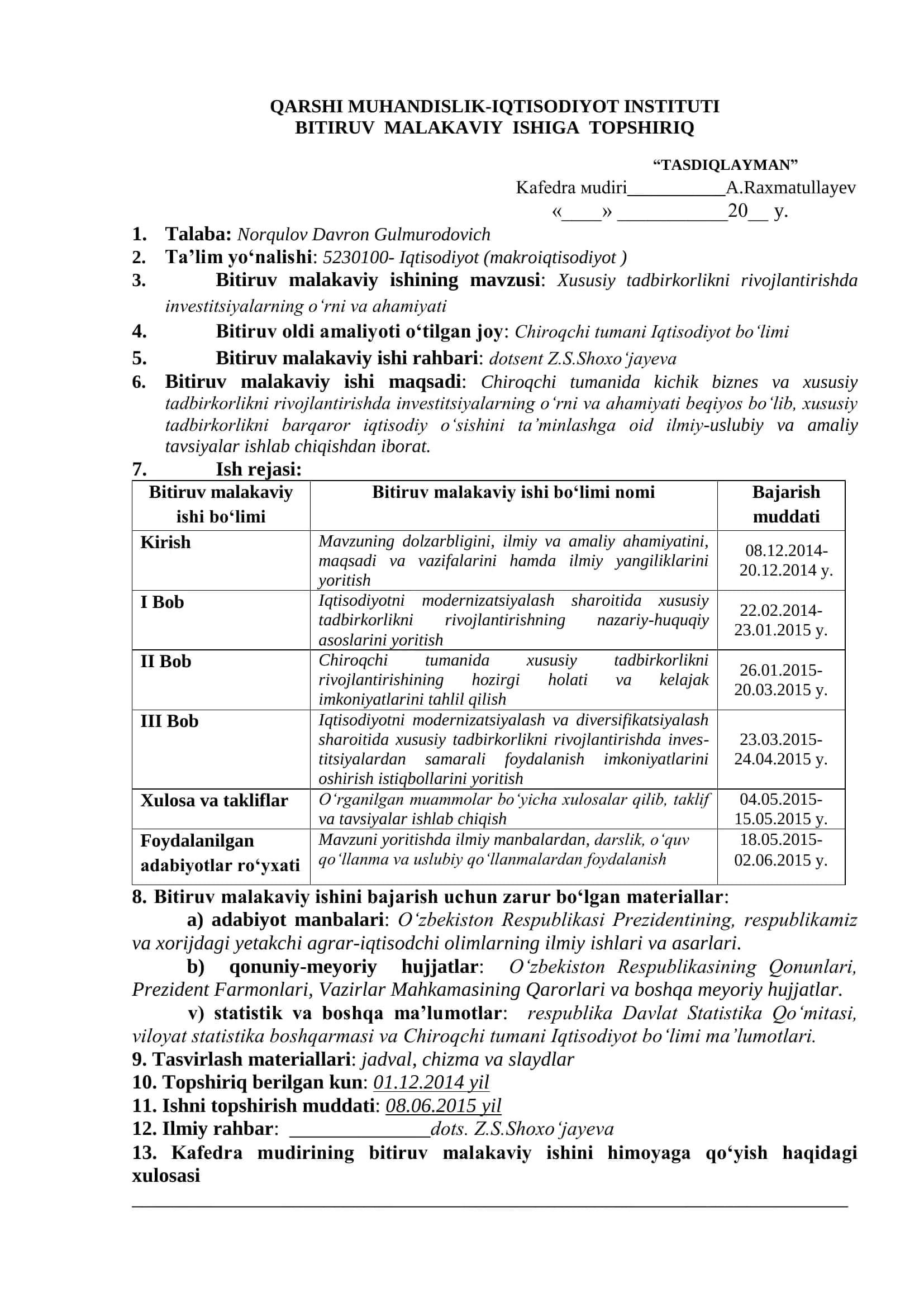 «Xususiy tadbirkorlikni rivojlantirishda investitsiyalarning o‘rni va ahamiyati (Chiroqchi tumani iqtisodiyot bo‘limi misolida)» 2